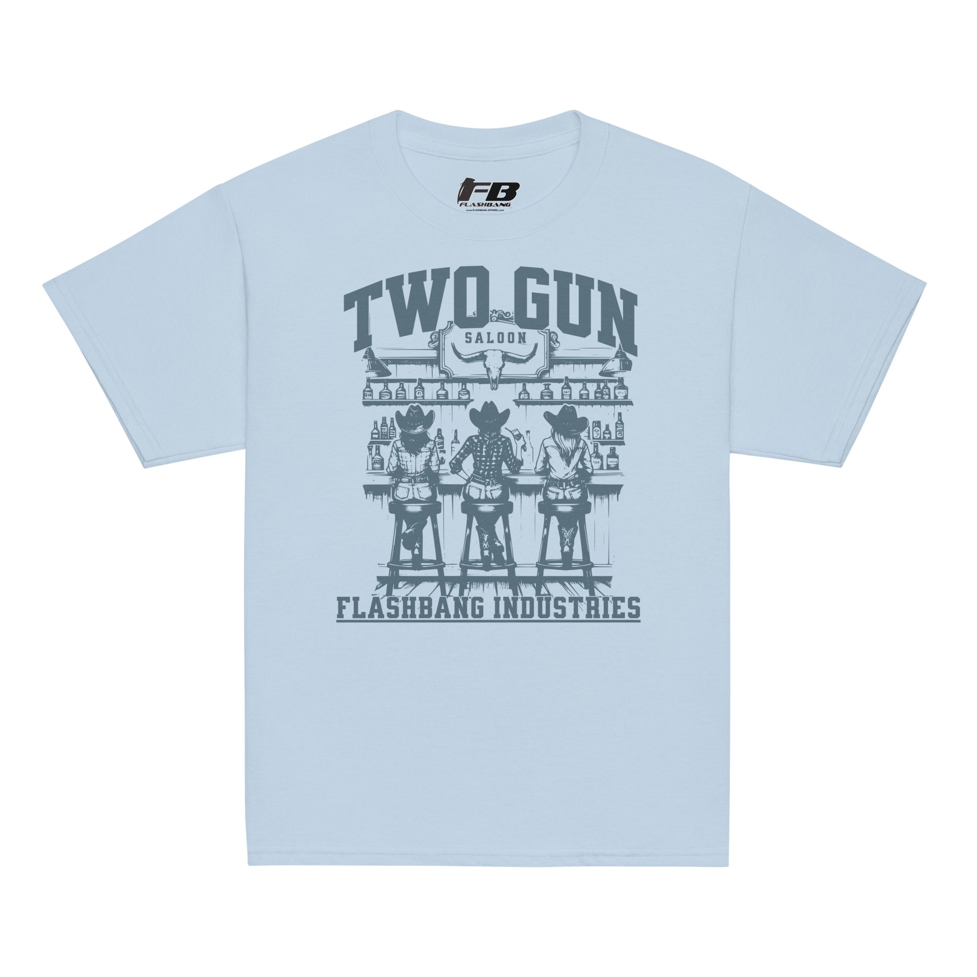 Light blue t-shirt with graphic design and text on a white background