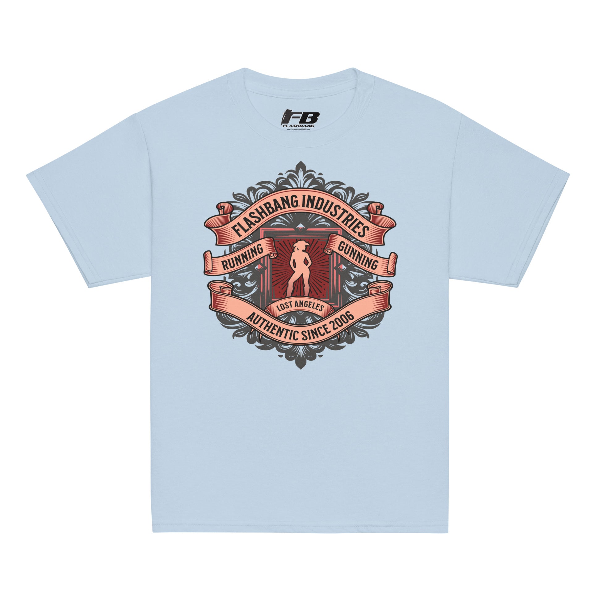 Light blue t-shirt with graphic design and 'Flashbang Industries' logo on a white background