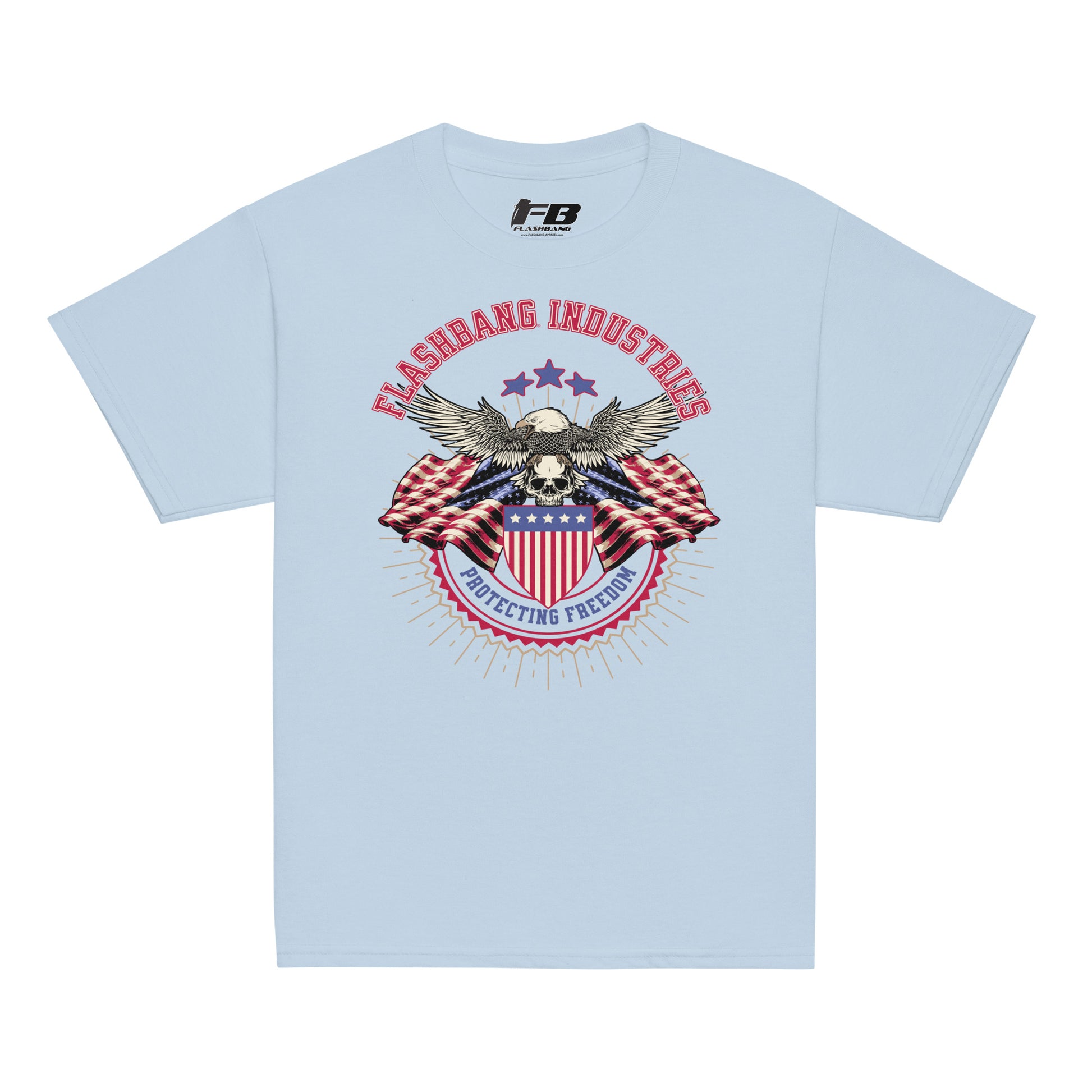 Light blue t-shirt with an eagle and flag graphic and 'Flashbang Industries' text on a white background