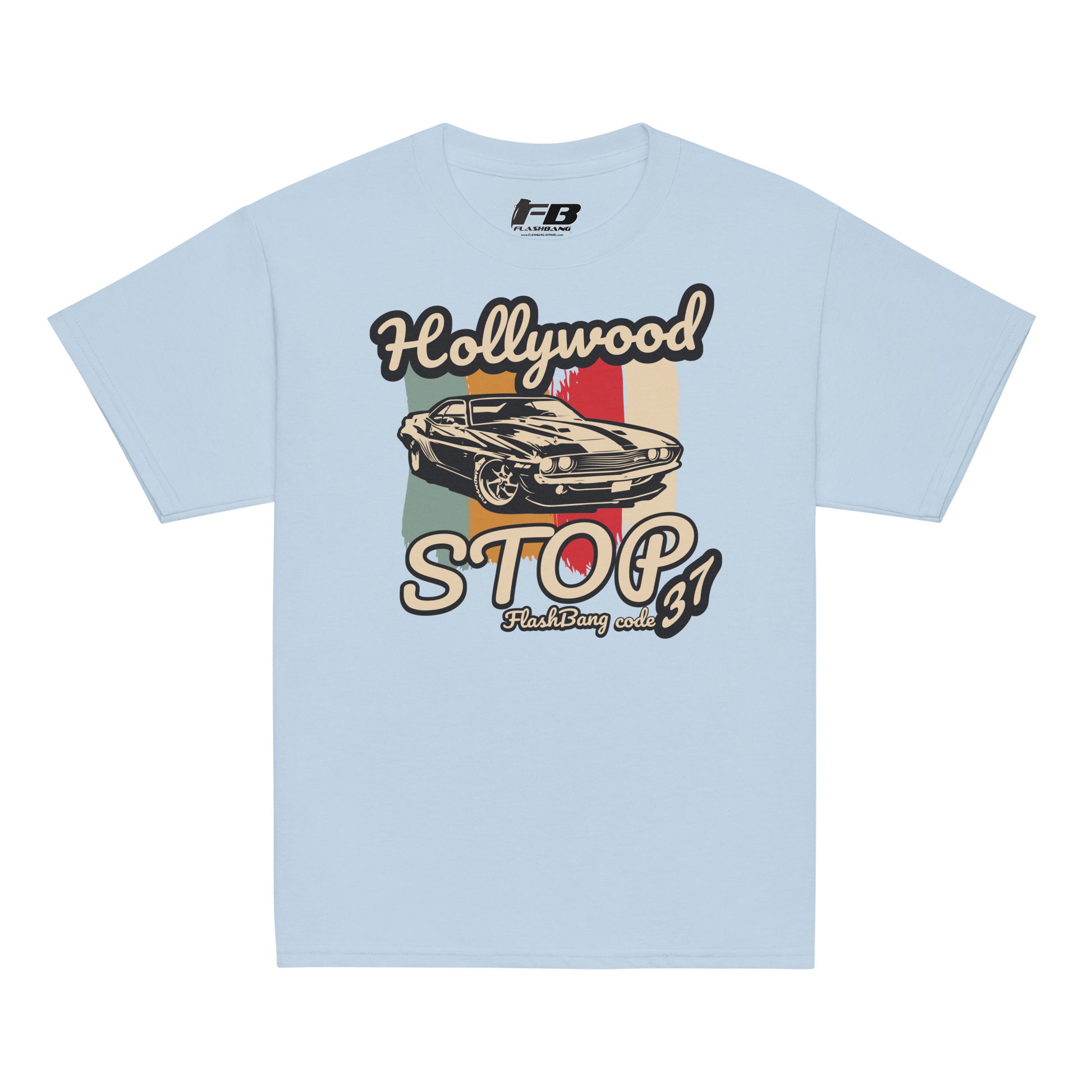 Light blue t-shirt with a graphic design of a car and text on a white background