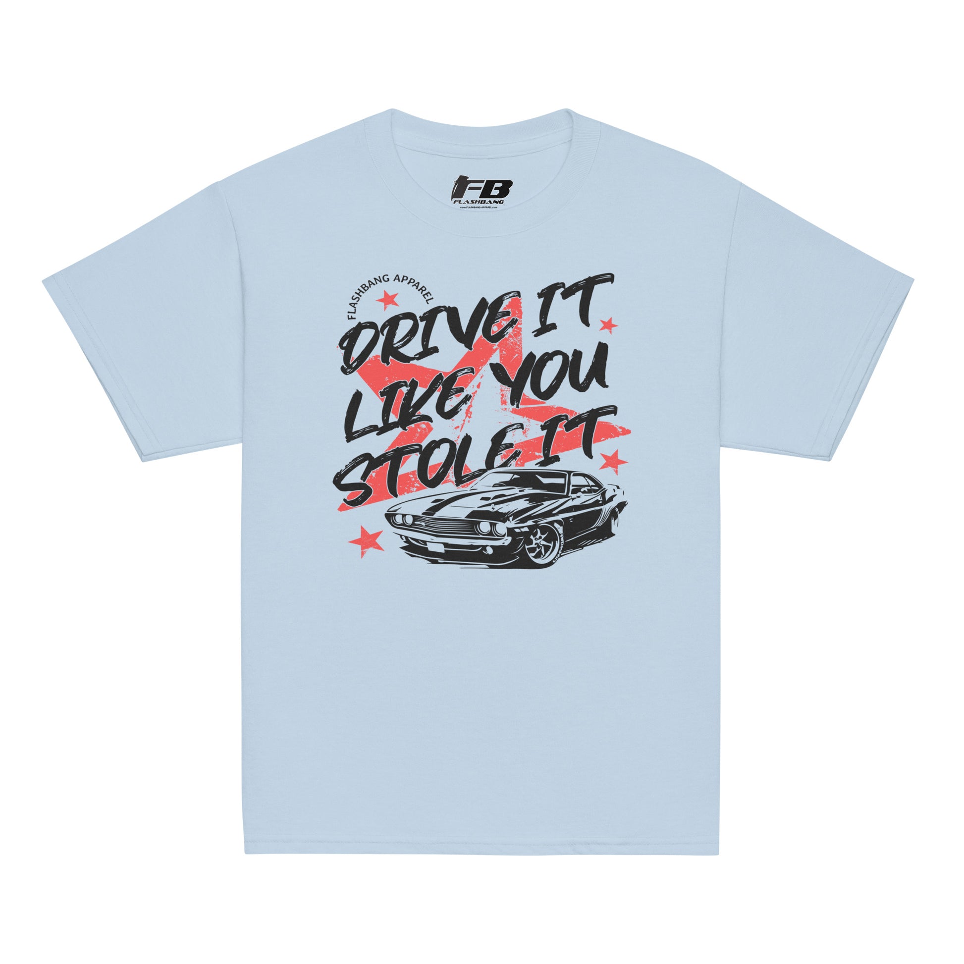 Light blue t-shirt with car graphic and text 'Drive it like you stole it' on a white background