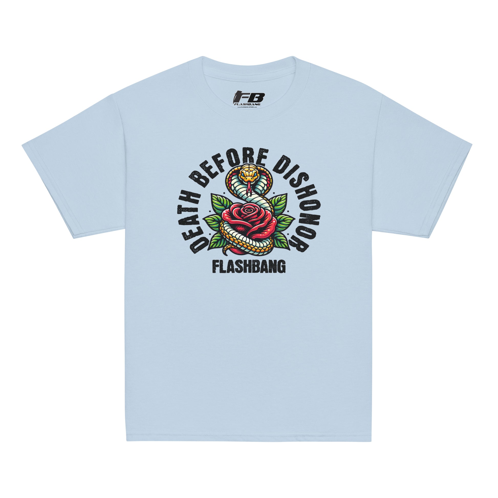 Light blue t-shirt with 'Death Before Dishonor' graphic and Flashbang logo on a white background