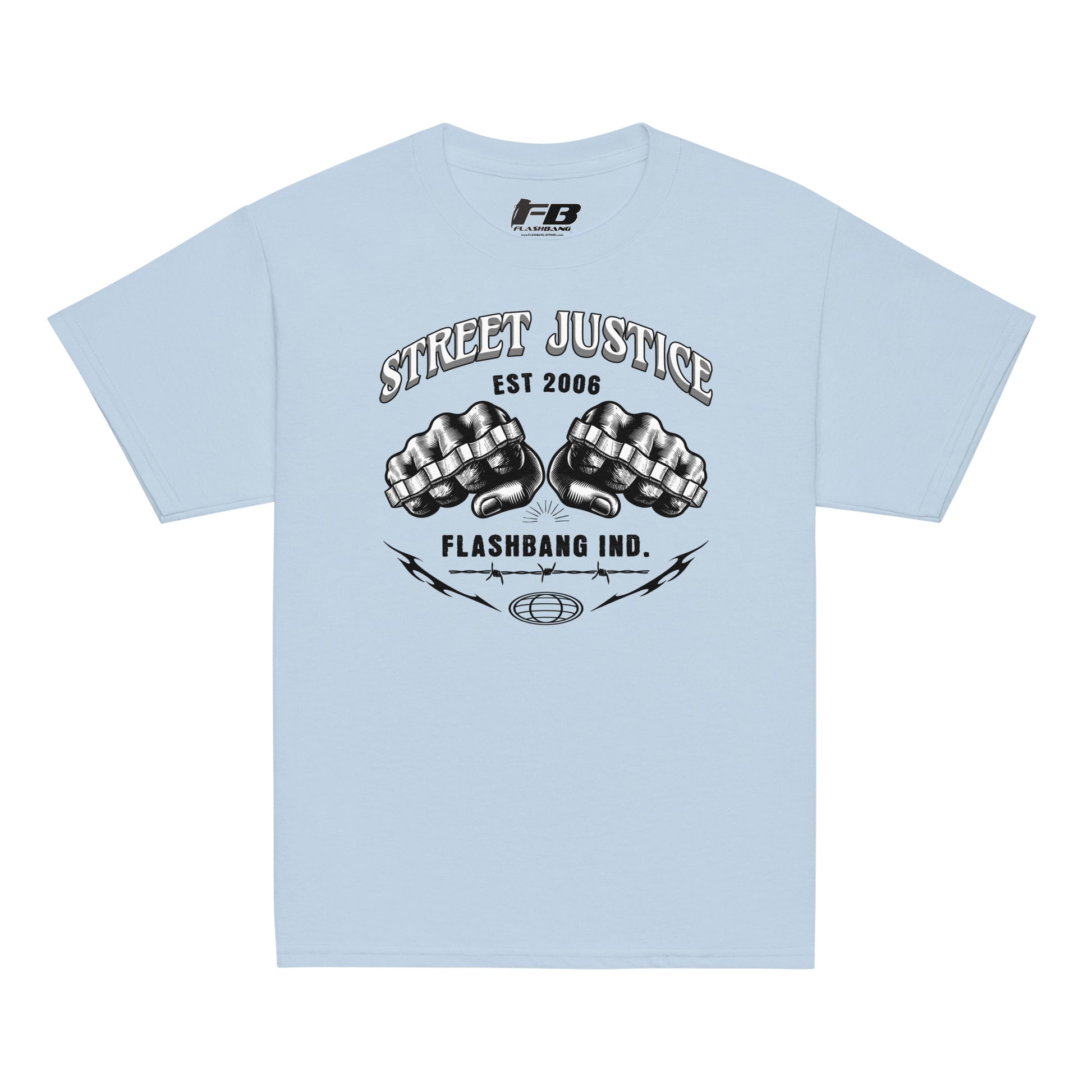 Light blue t-shirt with 'Street Justice' and 'Flashbang Ind.' design on a white background