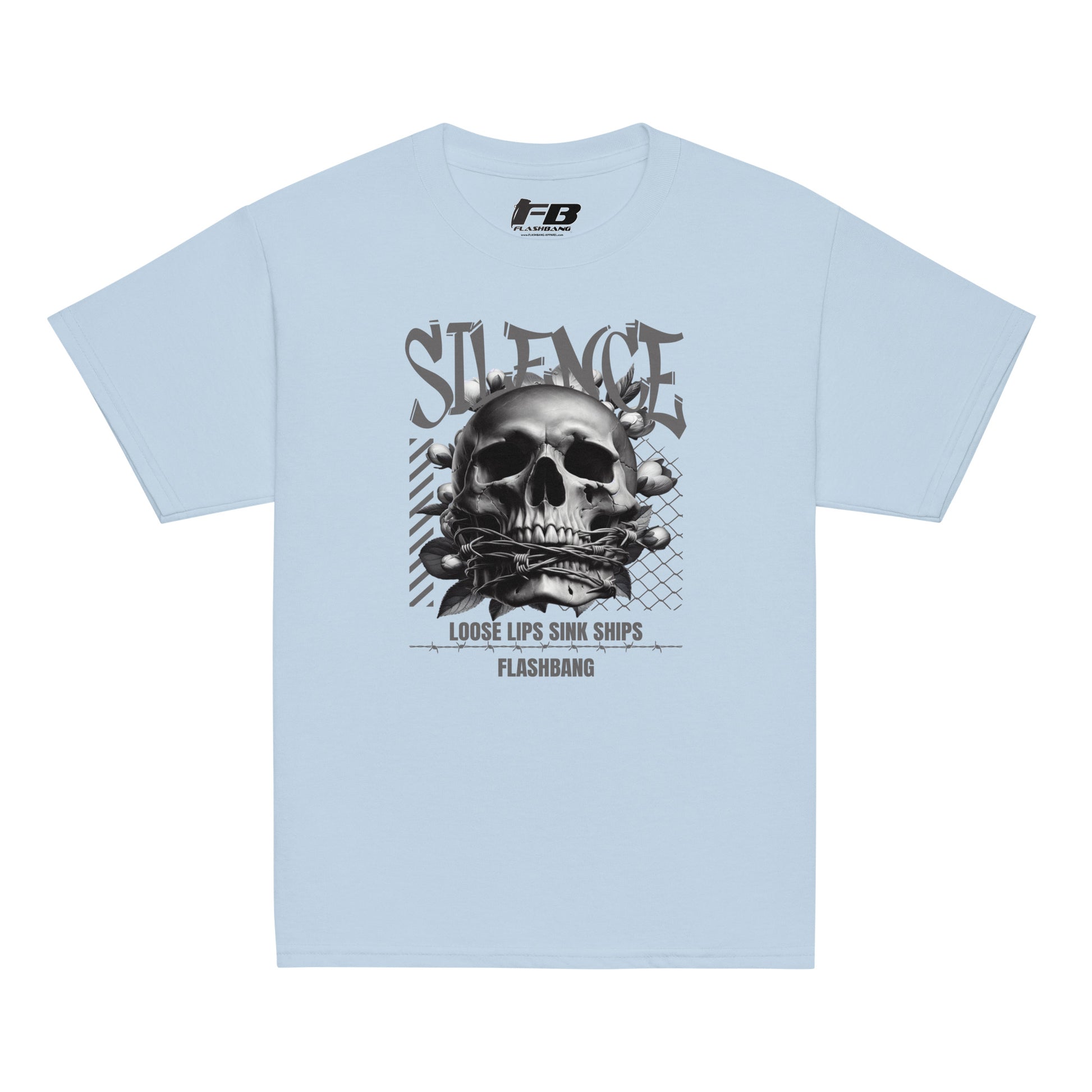 Light blue t-shirt with a skull graphic and text on a white background