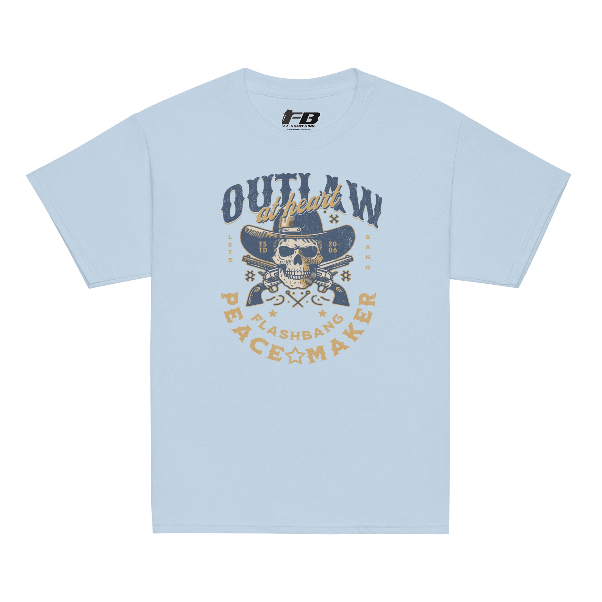 Light blue t-shirt with graphic design and text on a white background