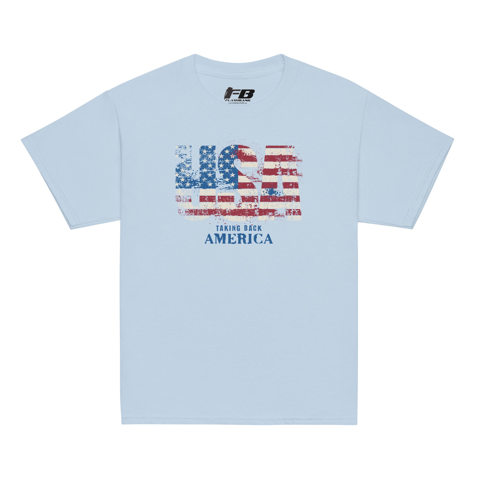 Light blue t-shirt with American flag graphic and text on a white background