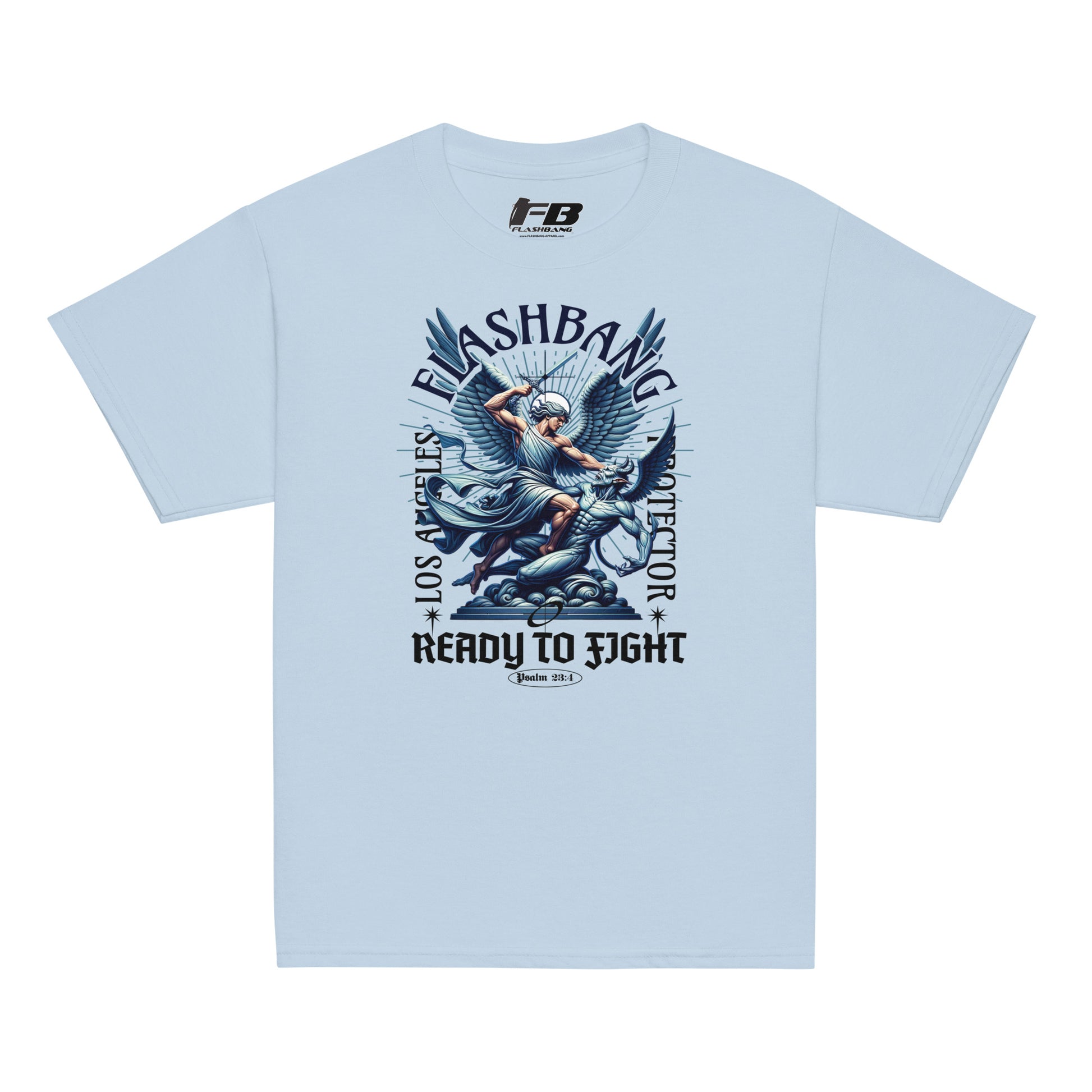 Light blue t-shirt with graphic design and text on a white background