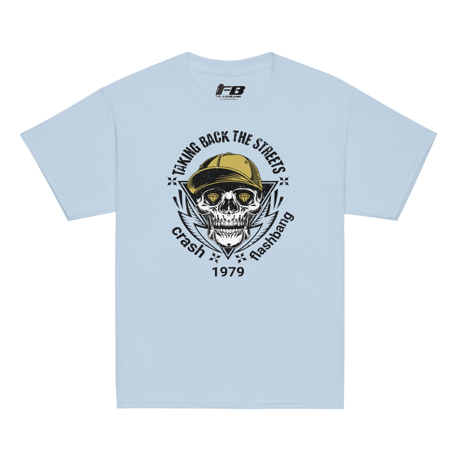 Light blue t-shirt with a graphic design featuring a skull and text on a white background