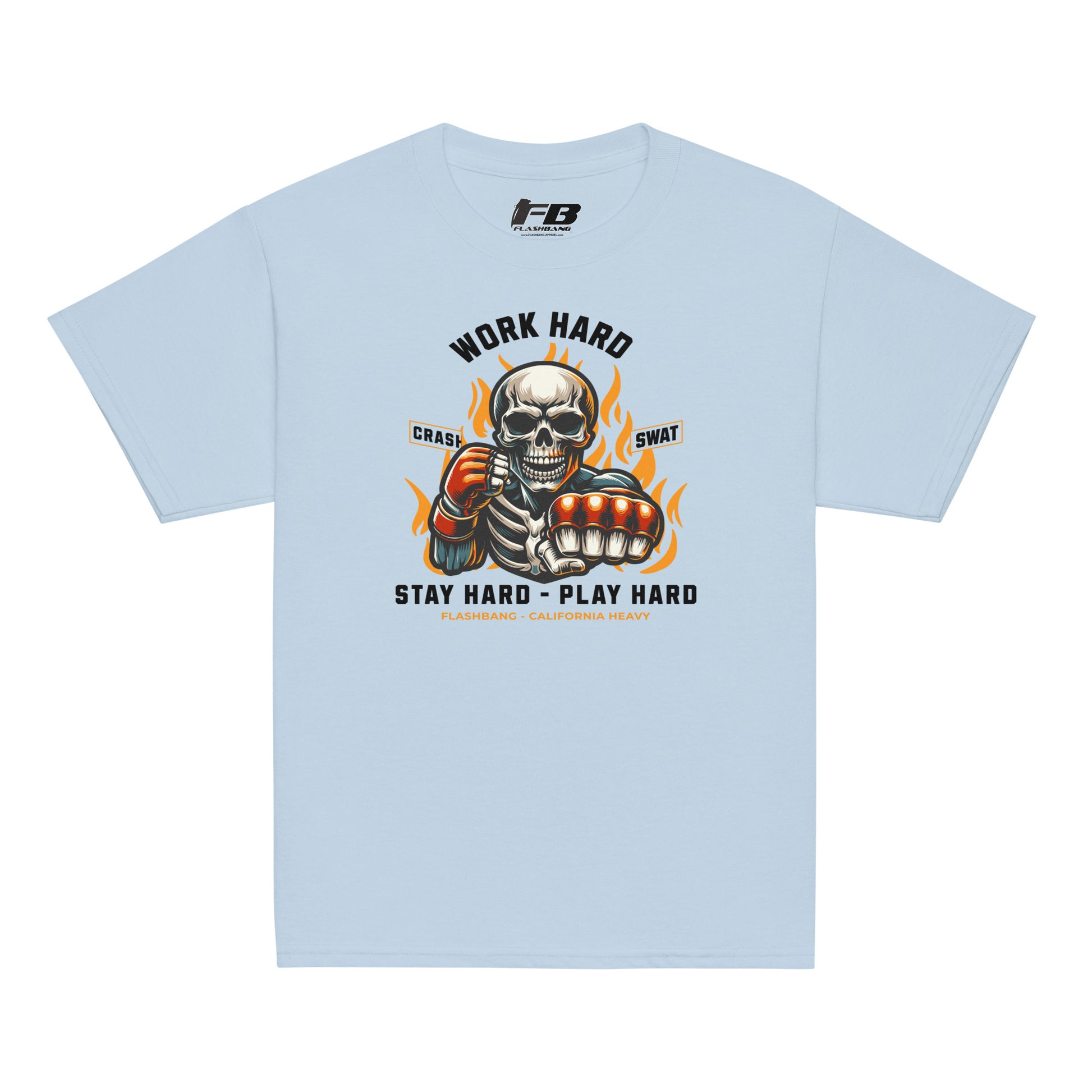 Light blue t-shirt with a graphic design featuring a skull and text on a white background