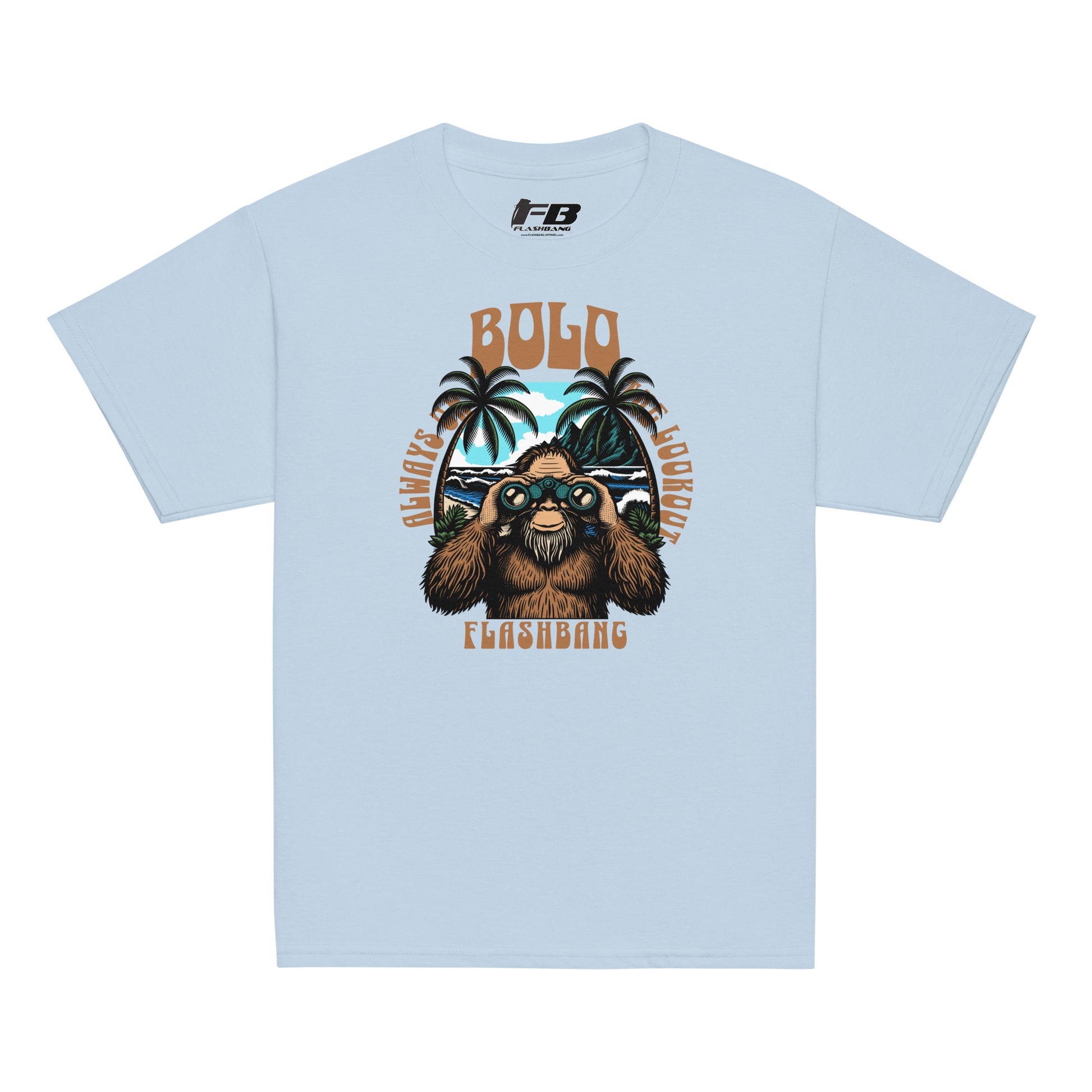 Light blue t-shirt with a sloth graphic and text on a white background