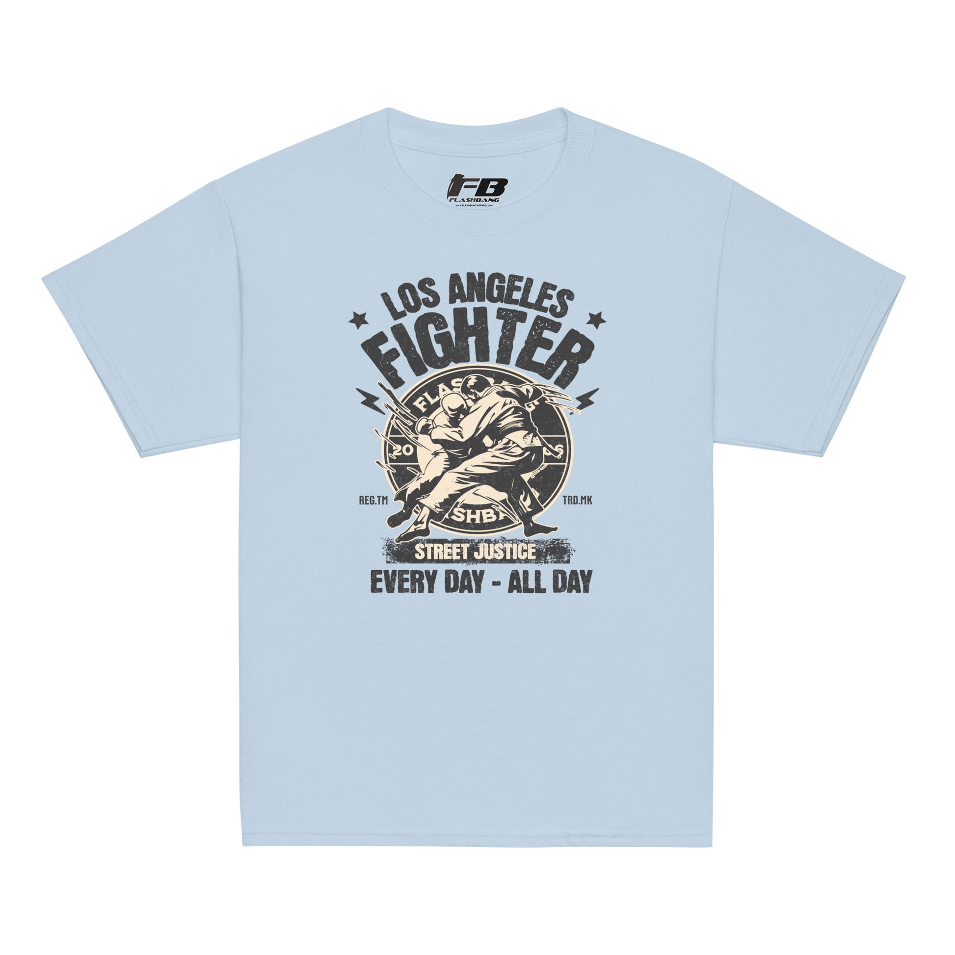 Light blue t-shirt with 'Los Angeles Fighter' graphic design on a white background