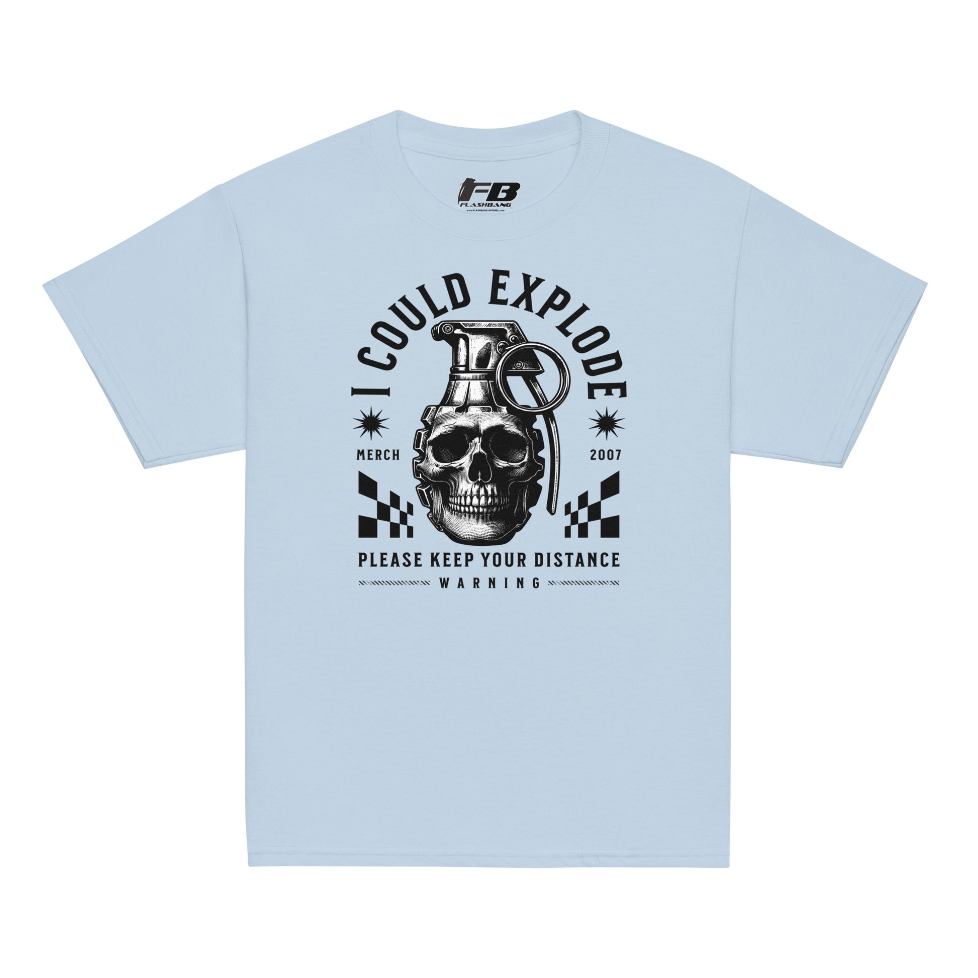 Light blue t-shirt with a graphic design featuring a skull and grenade on a white background