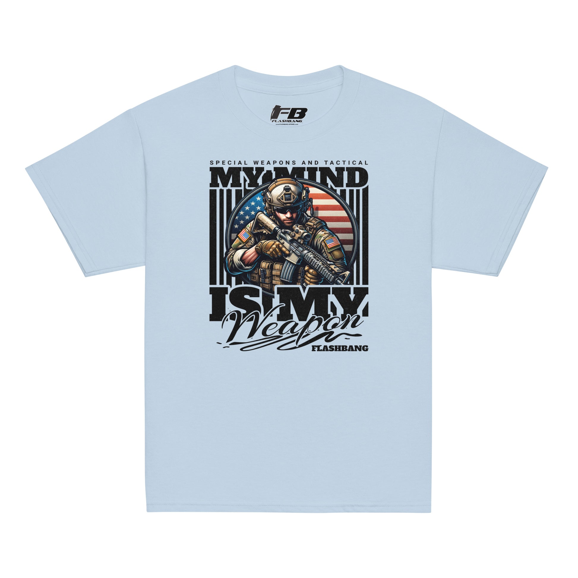 Light blue t-shirt with graphic design featuring a soldier and text on a white background