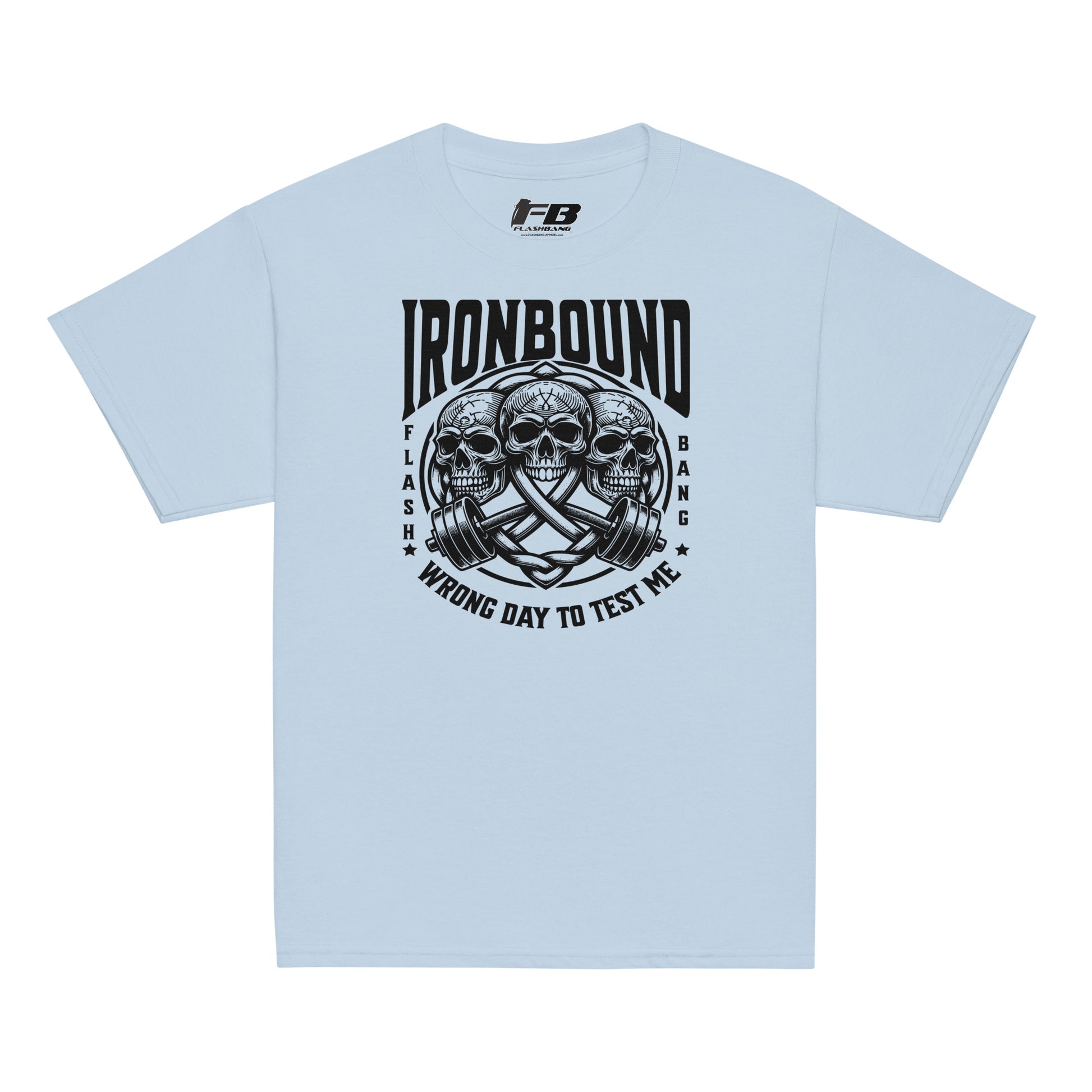 Light blue t-shirt with black graphic design and text on a white background