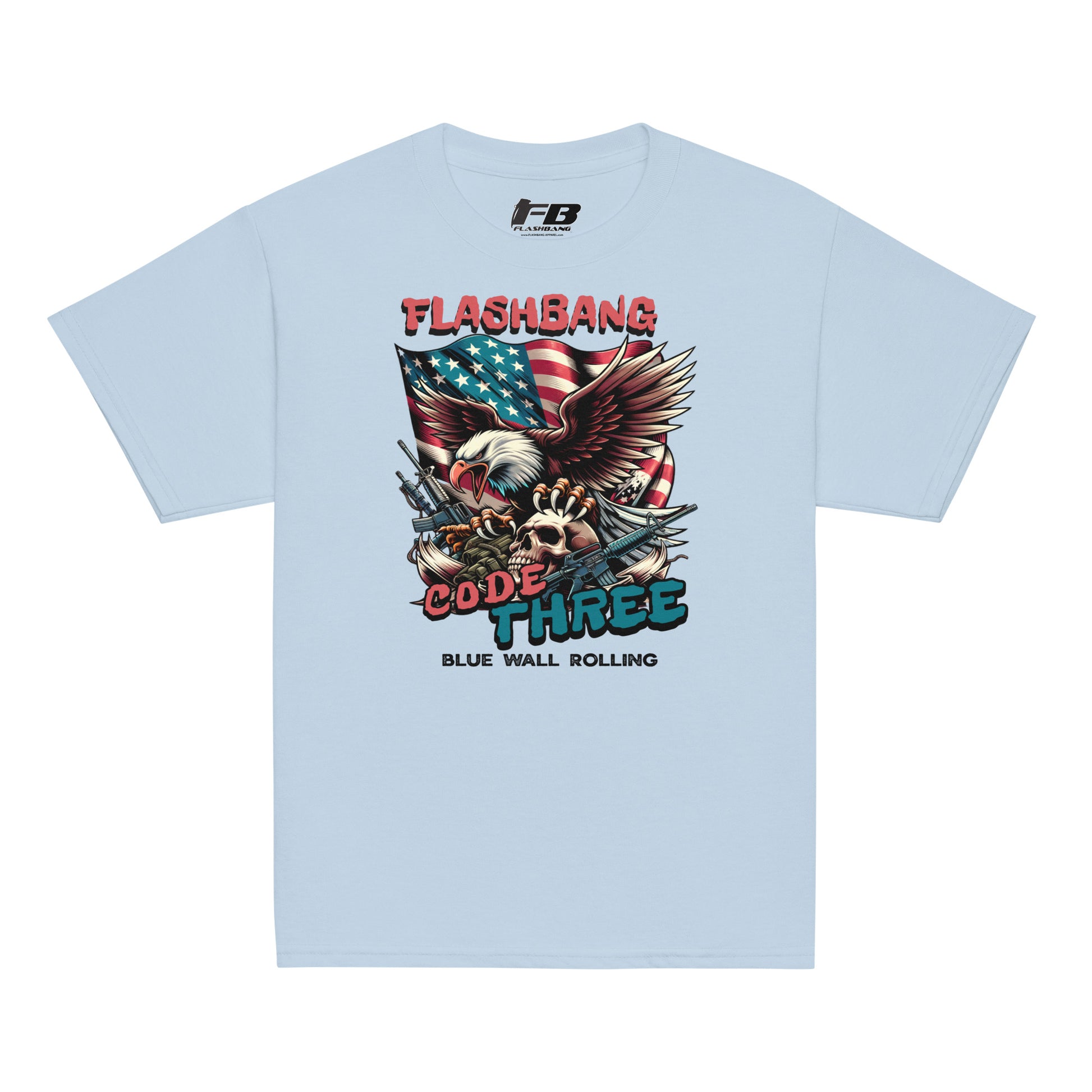 Light blue t-shirt with graphic design featuring an American flag, eagle, and text on a white background