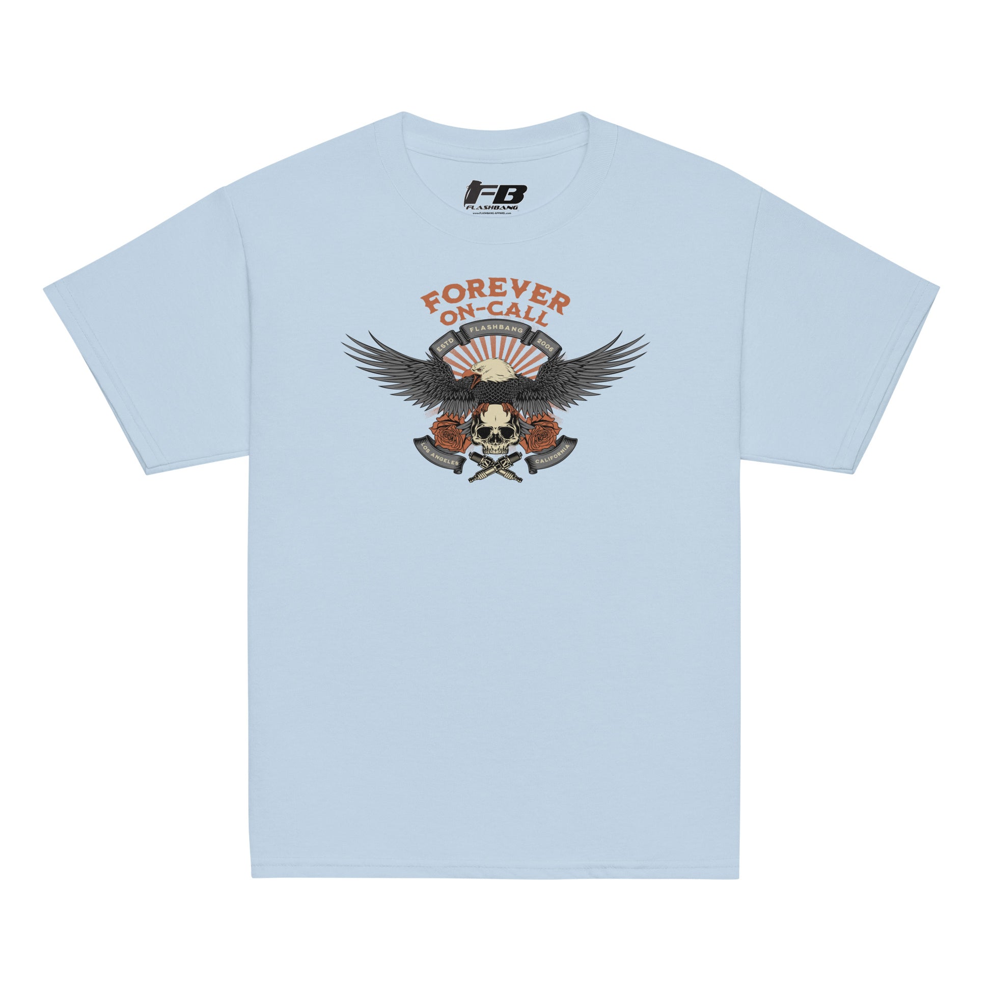 Light blue t-shirt with graphic design and text on a white background