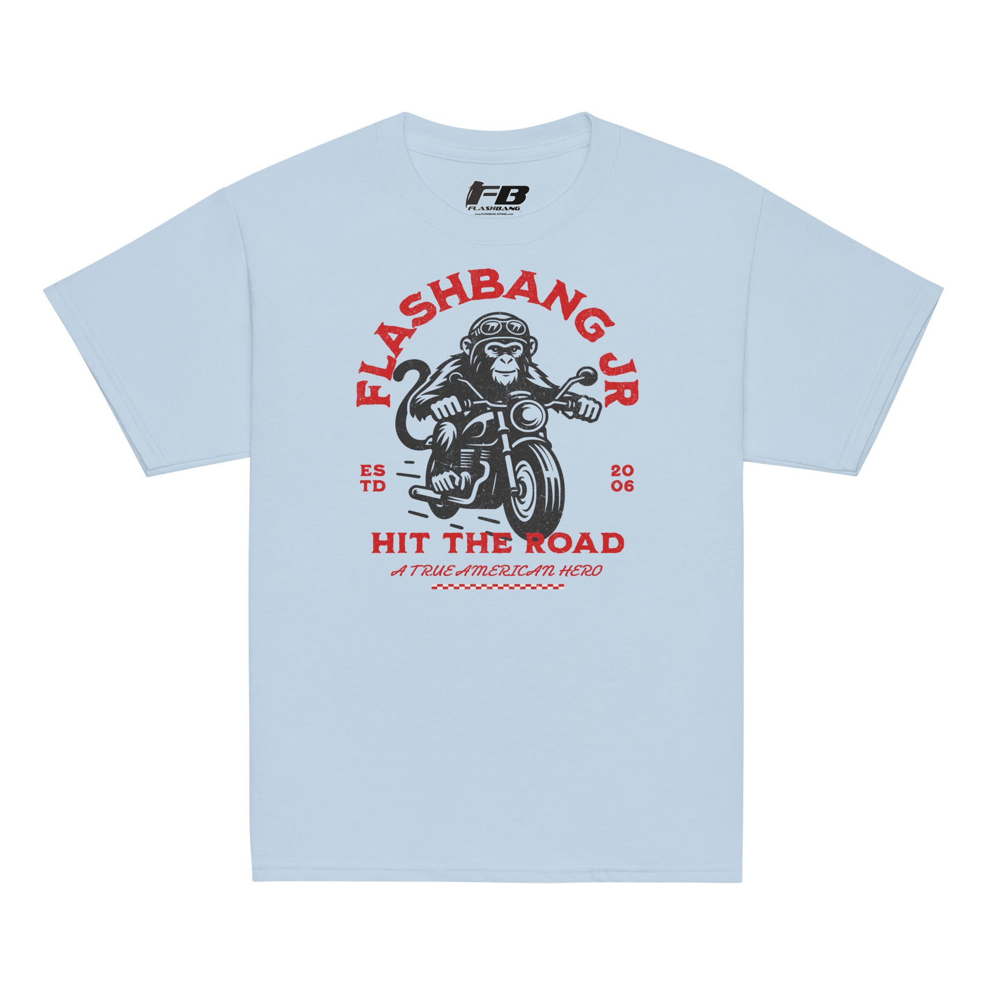 Light blue t-shirt with a graphic design of a monkey on a motorcycle and text on a white background