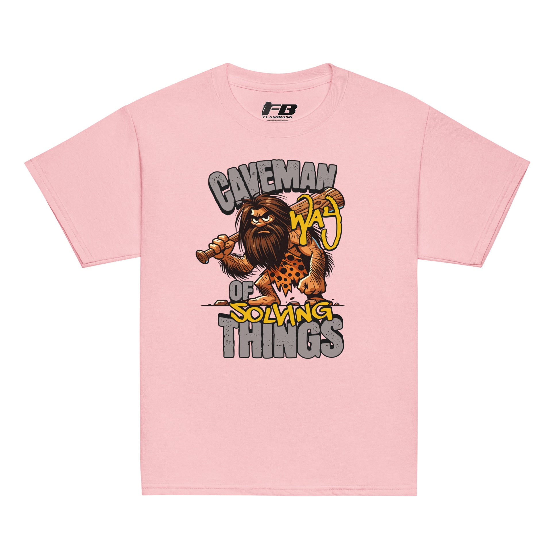 Pink t-shirt with a cartoon caveman design on a white background