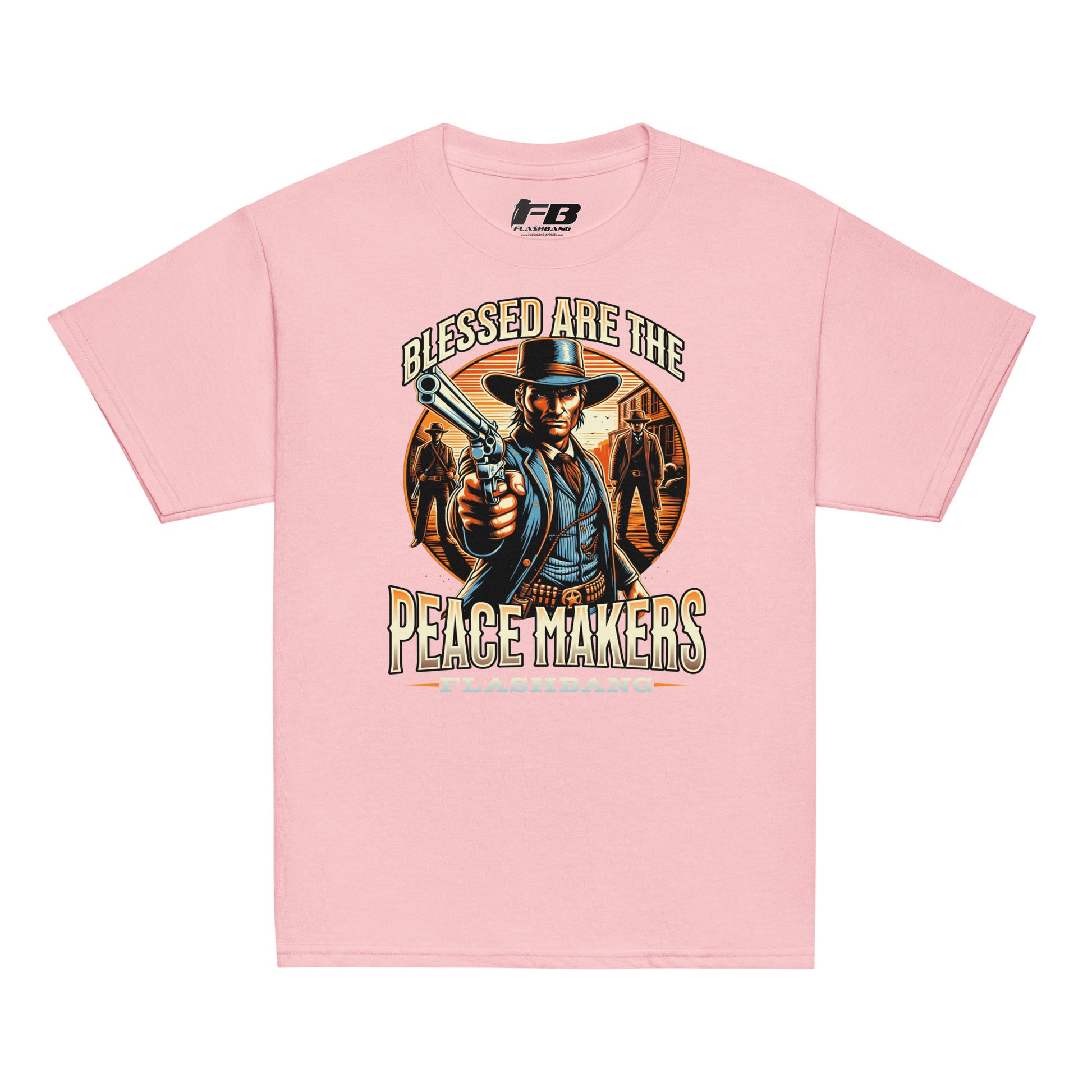 Pink t-shirt with a graphic of a cowboy holding a gun and text 'Blessed are the Peacemakers' on a white background.