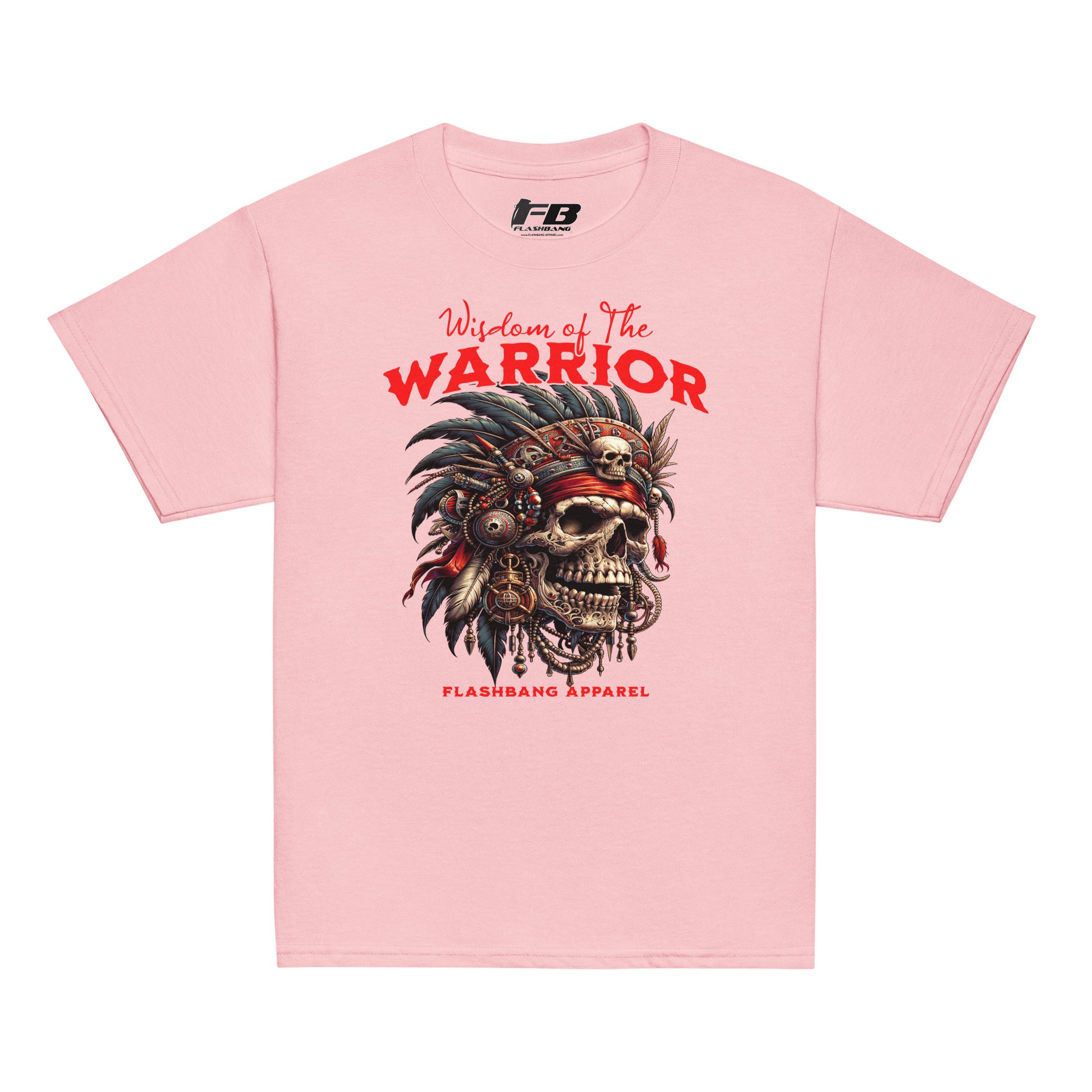 Pink t-shirt with warrior design and text on a white background