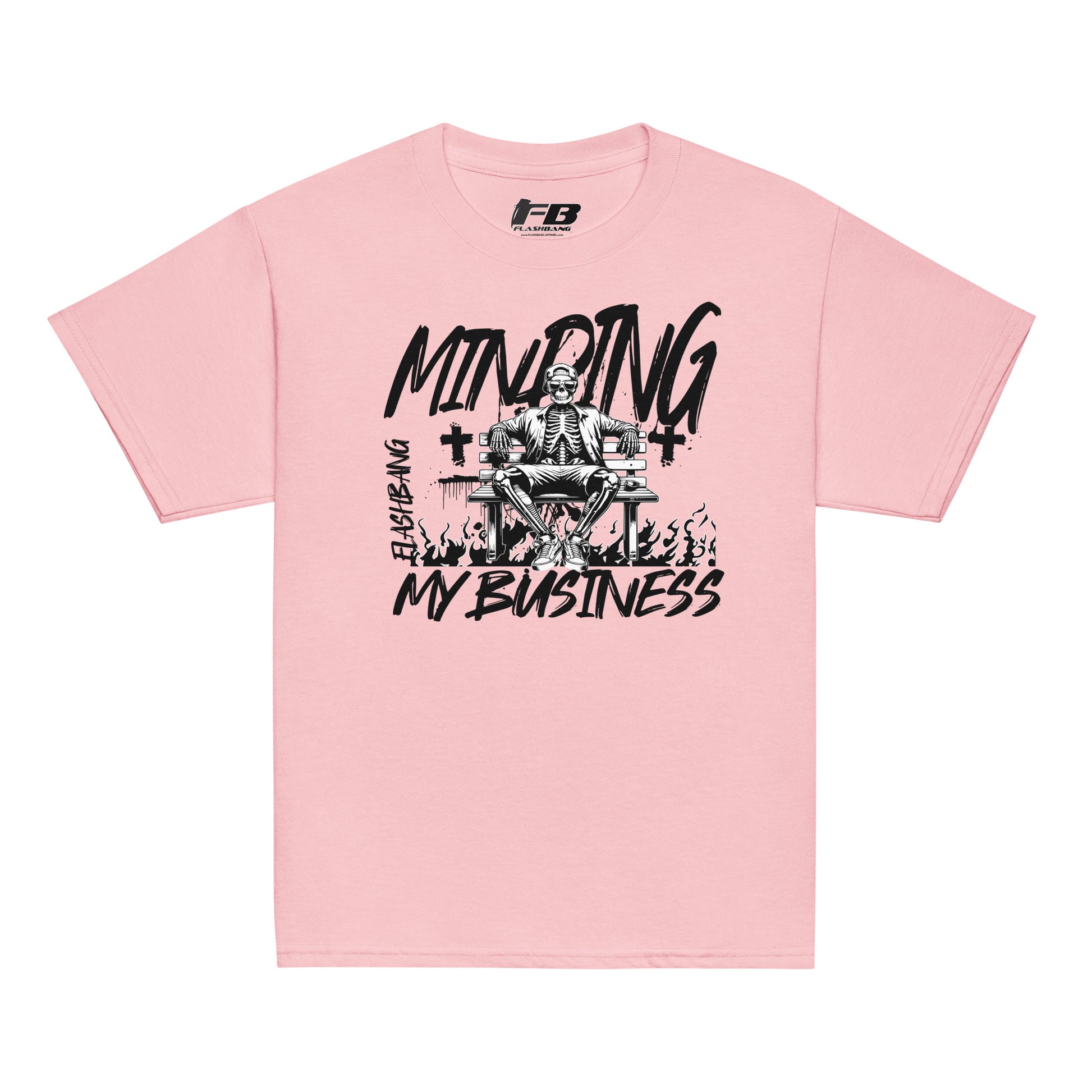 Pink t-shirt with black graphic and text on a white background