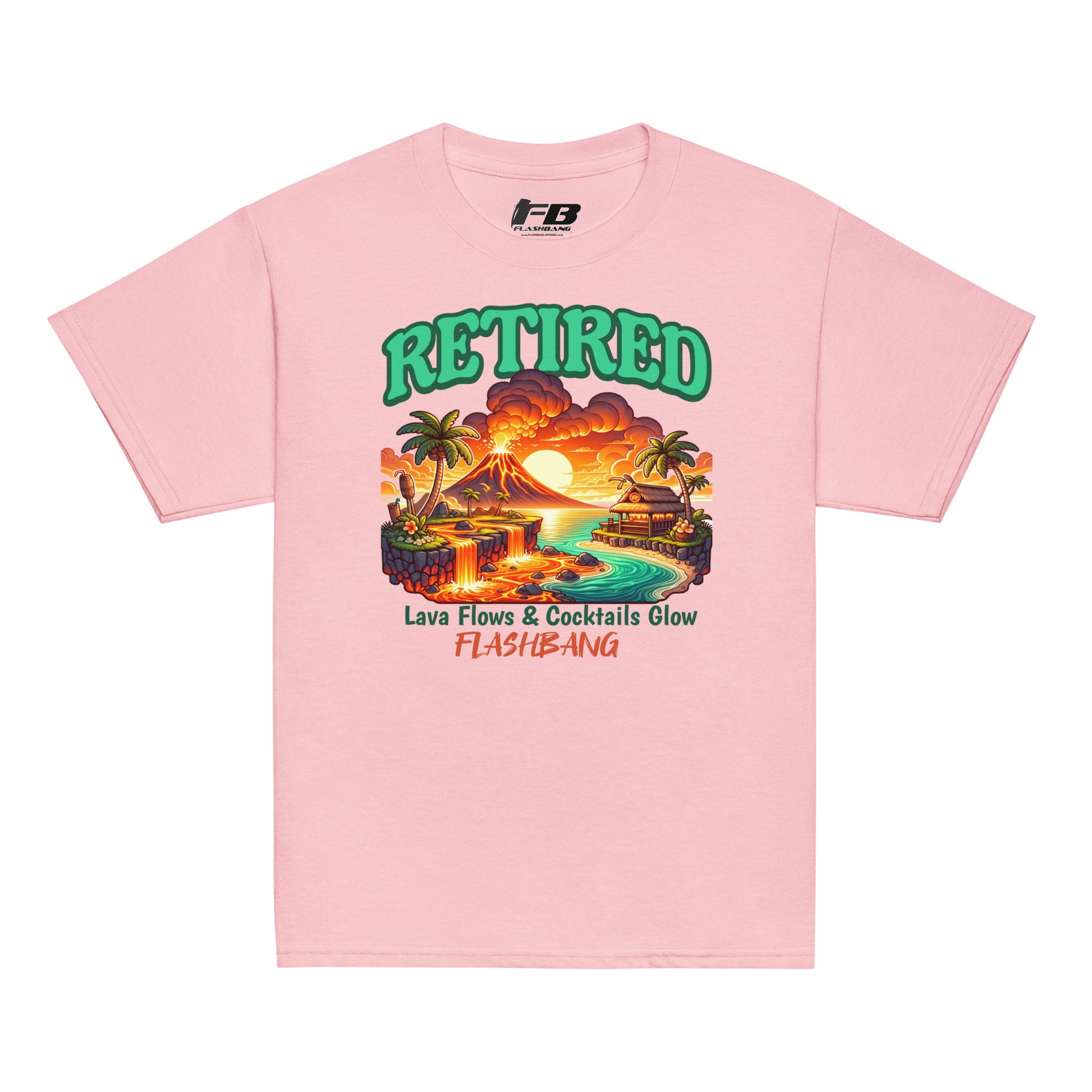 Pink t-shirt with a tropical graphic and text on a white background