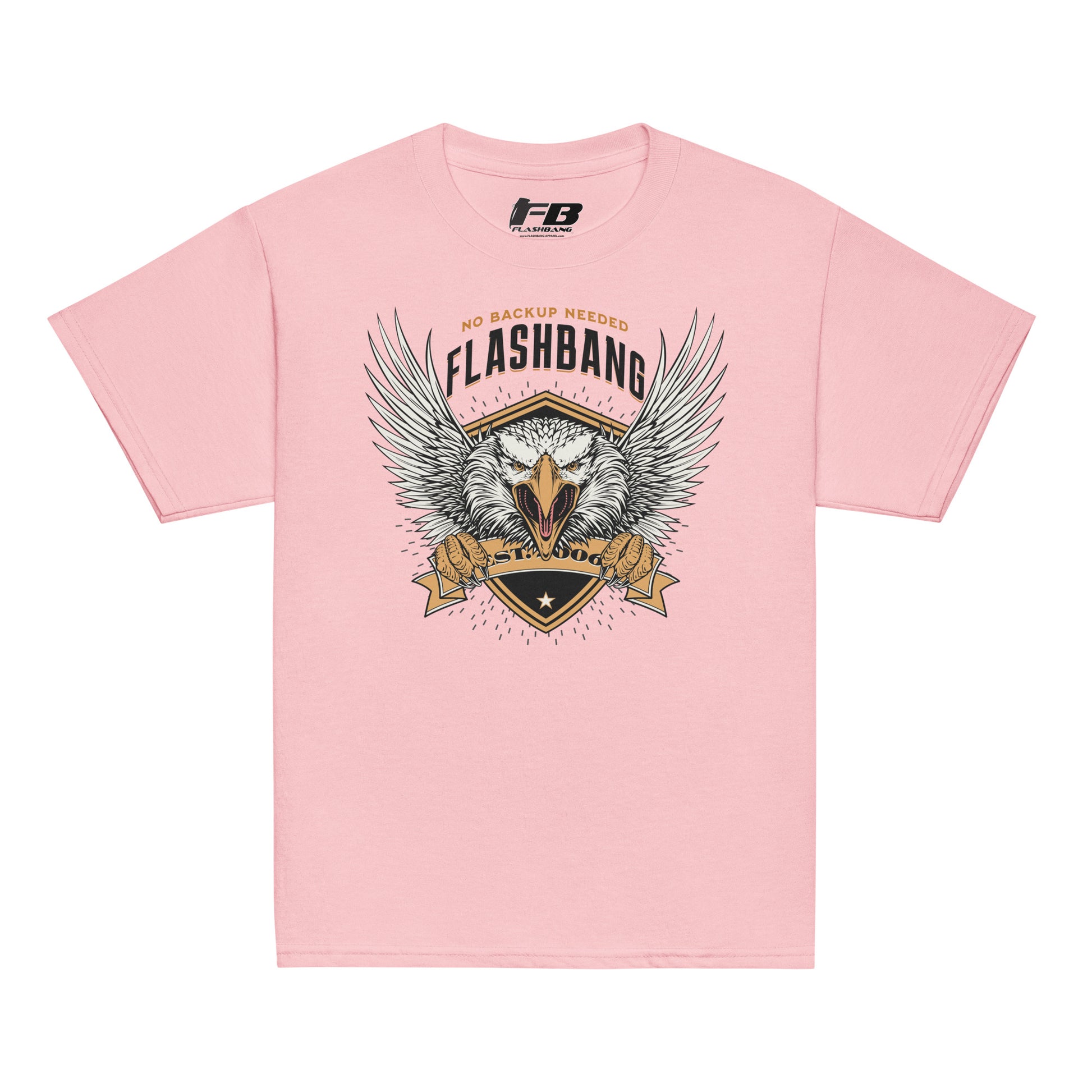 Pink t-shirt with 'Flashbang' graphic design on a white background