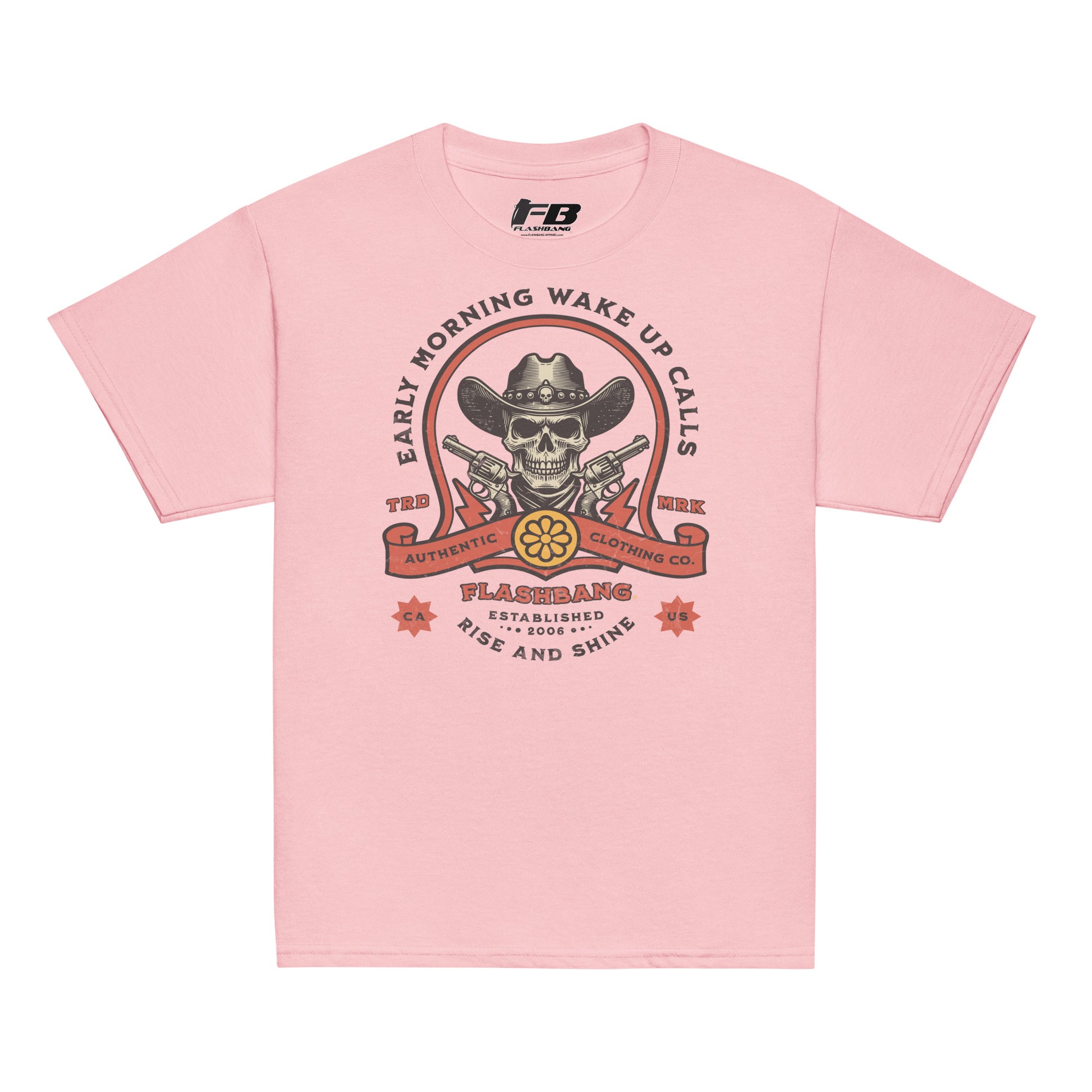 Pink t-shirt with a graphic design featuring a skull and cowboy hat on a white background