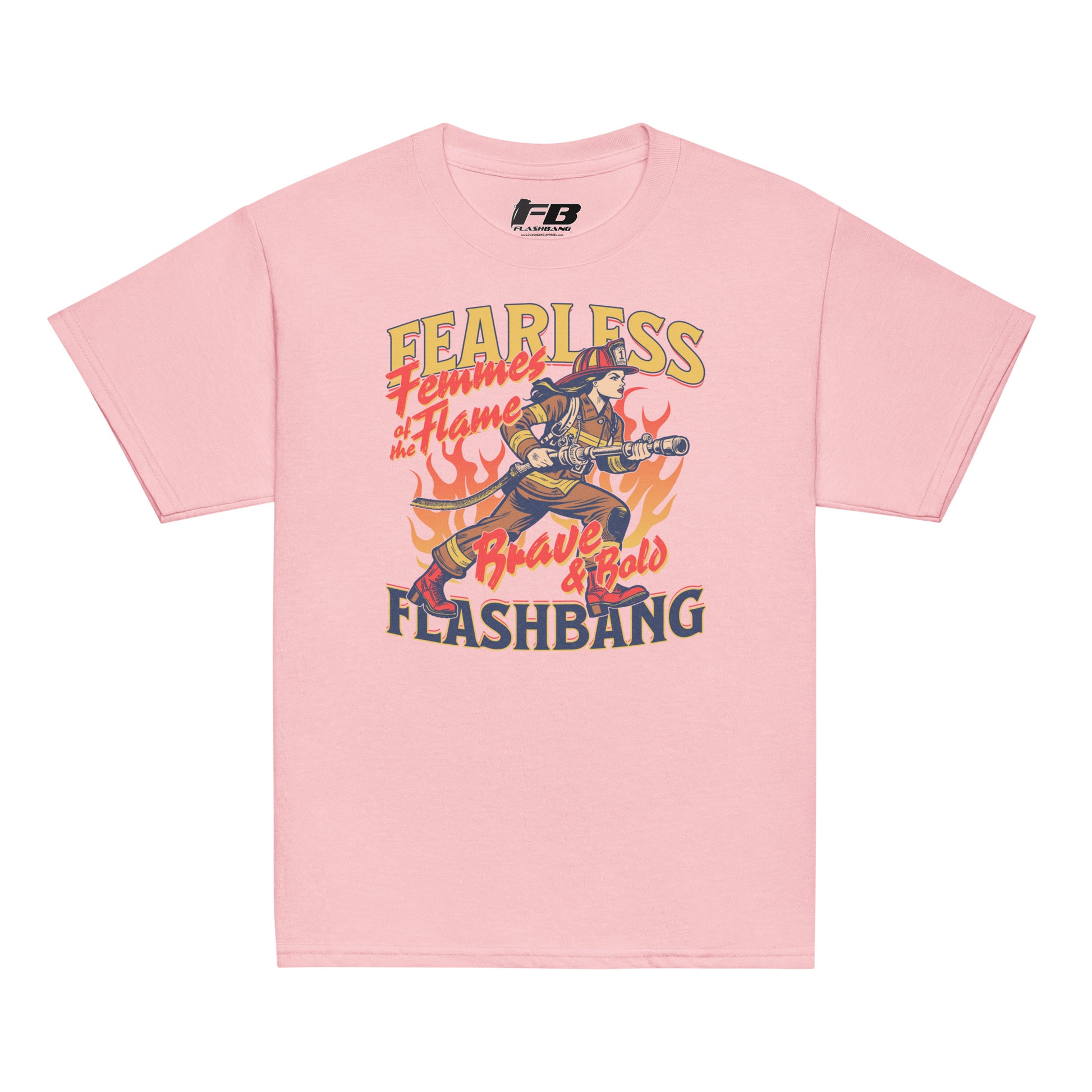 Pink t-shirt with graphic design and text on a white background