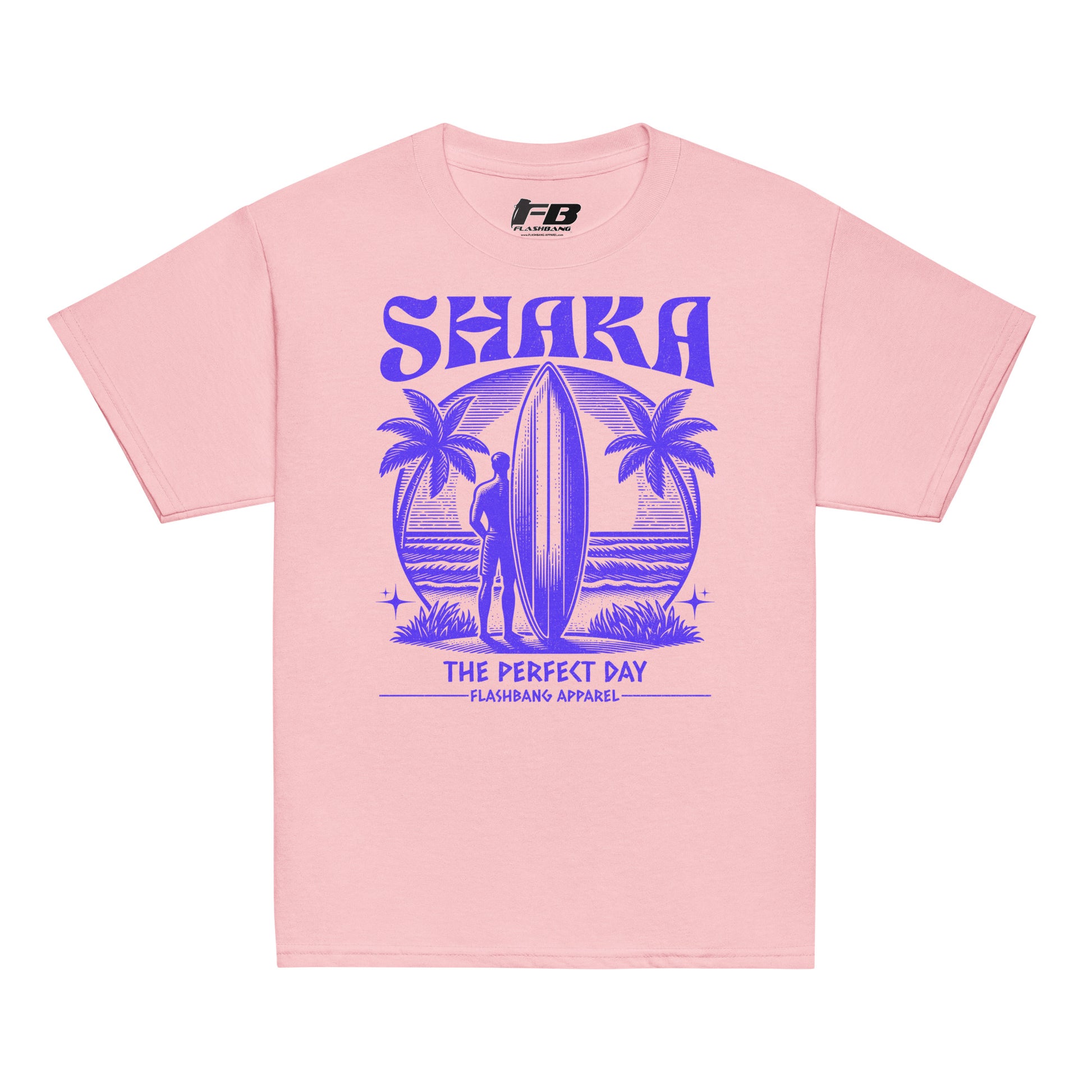 Pink t-shirt with blue graphic design featuring a surfer and palm trees on a white background.
