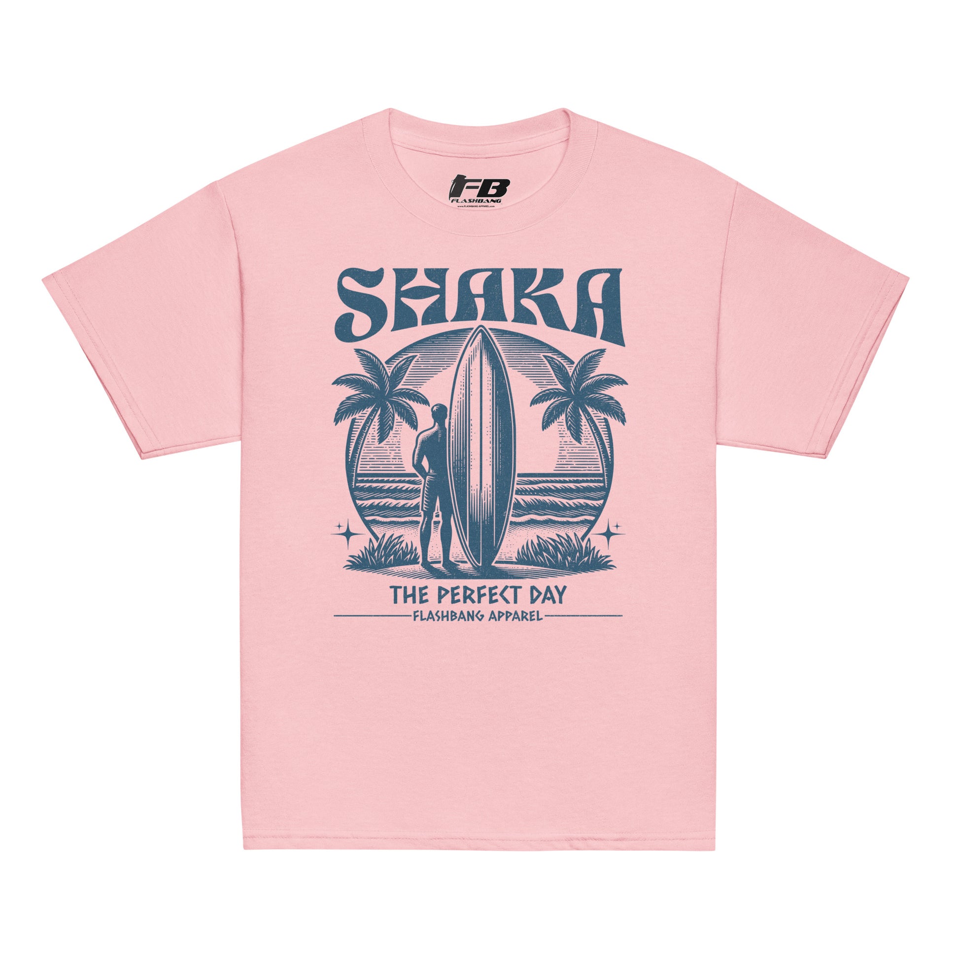 Pink t-shirt with blue graphic design featuring a surfer and palm trees on a white background.