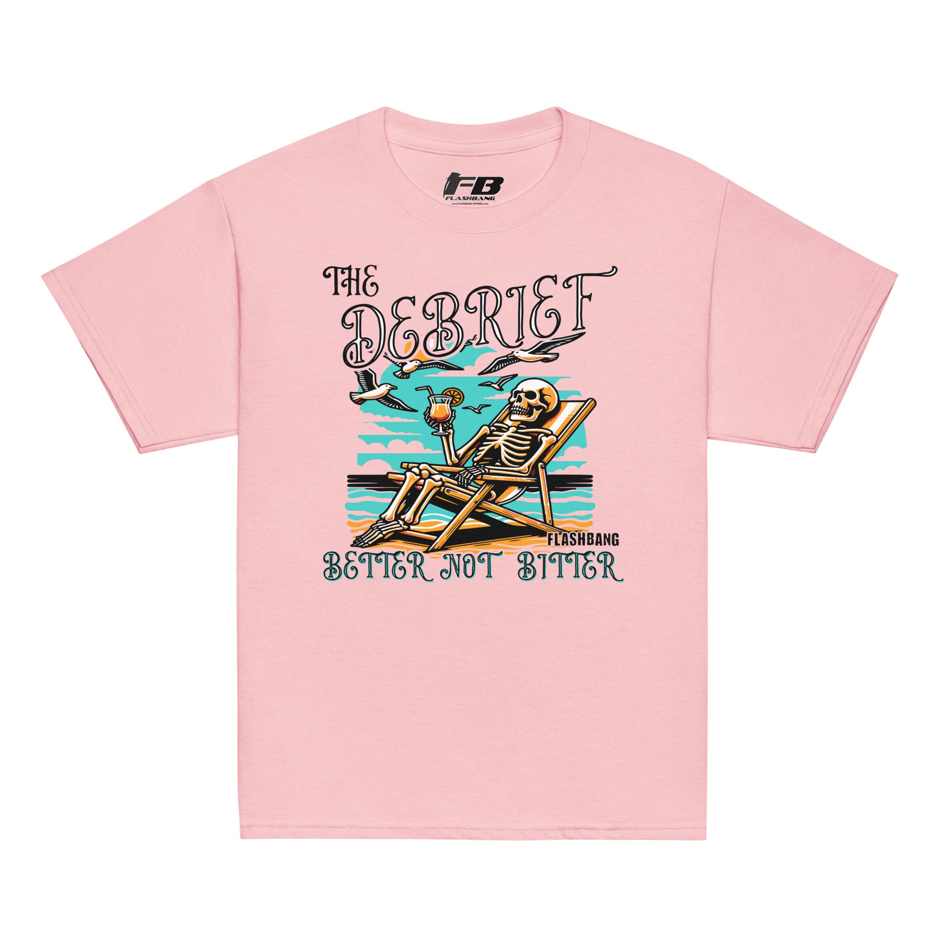 Pink t-shirt with a skeleton design and text on a white background