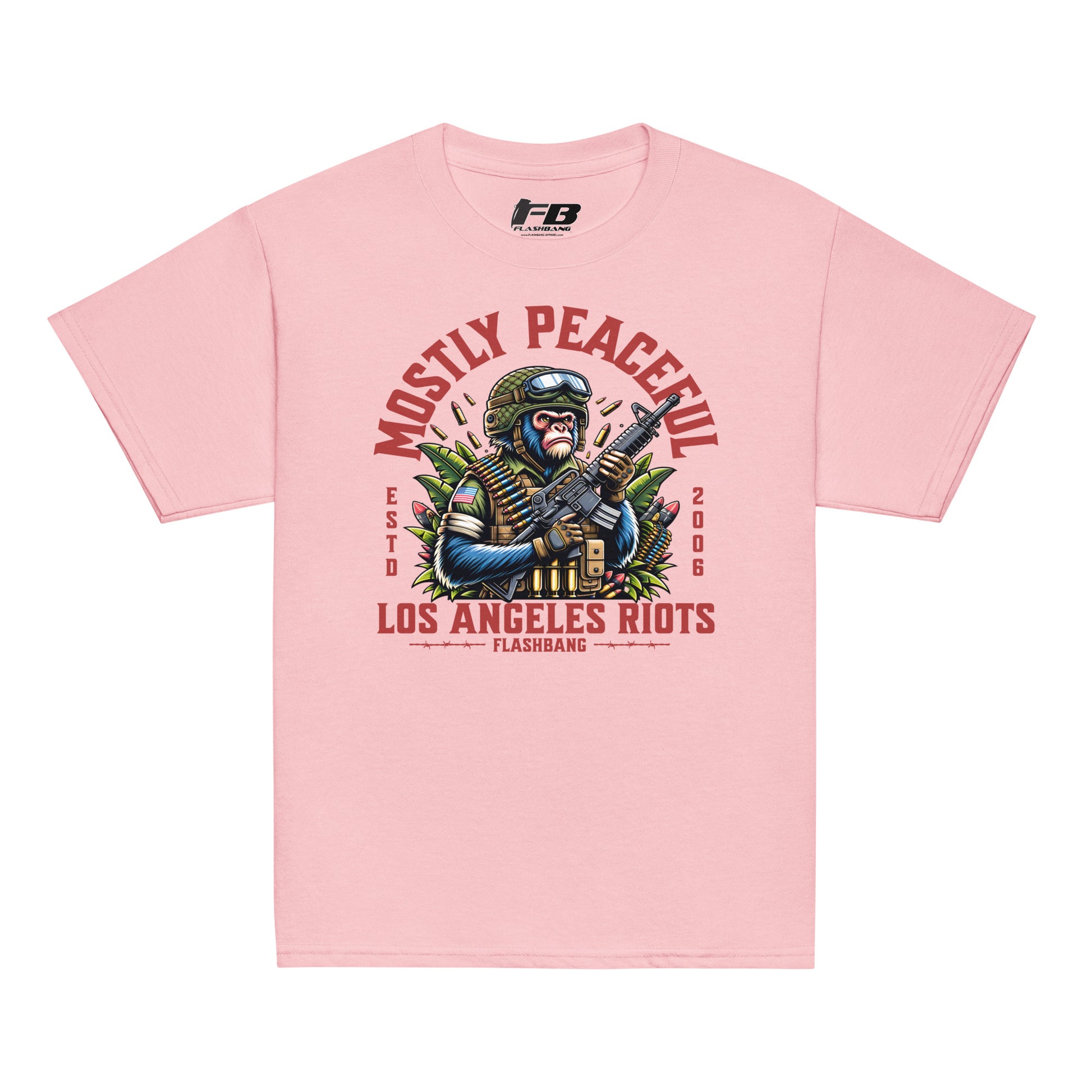 Pink t-shirt with graphic design and text on a white background