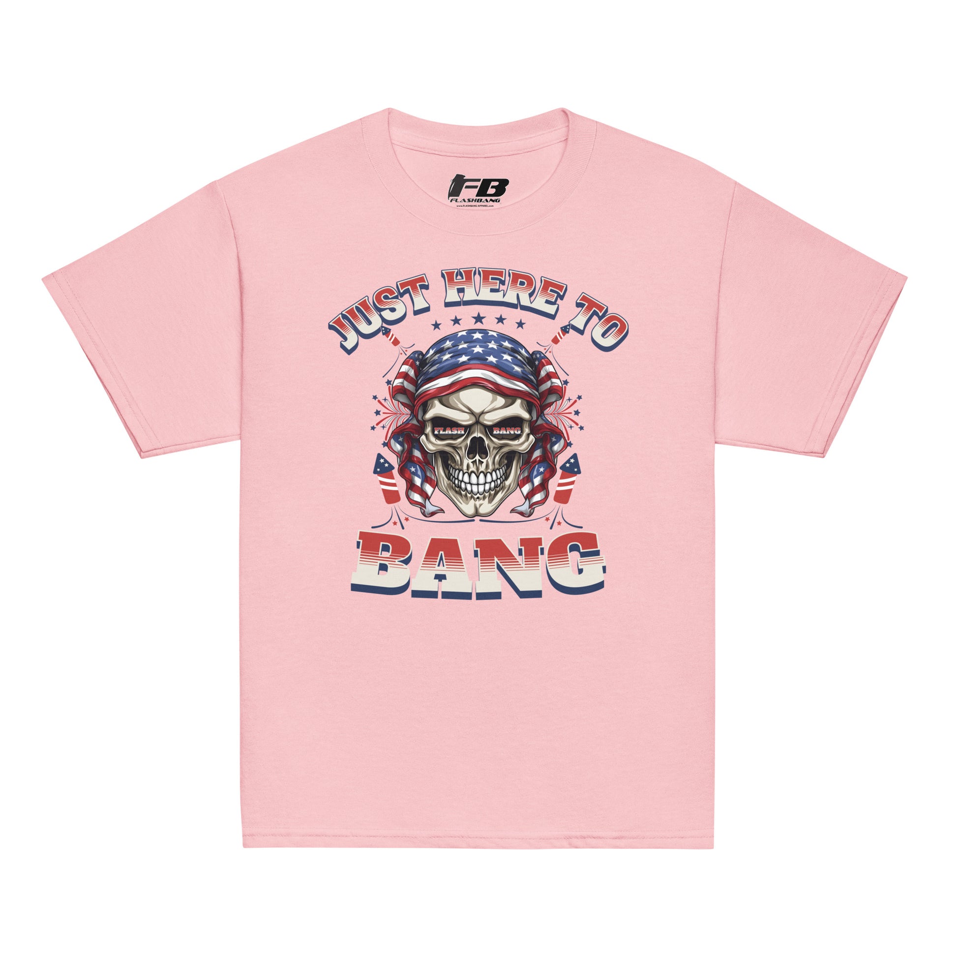 Pink t-shirt with skull graphic and text 'Just Here to Bang' on a white background