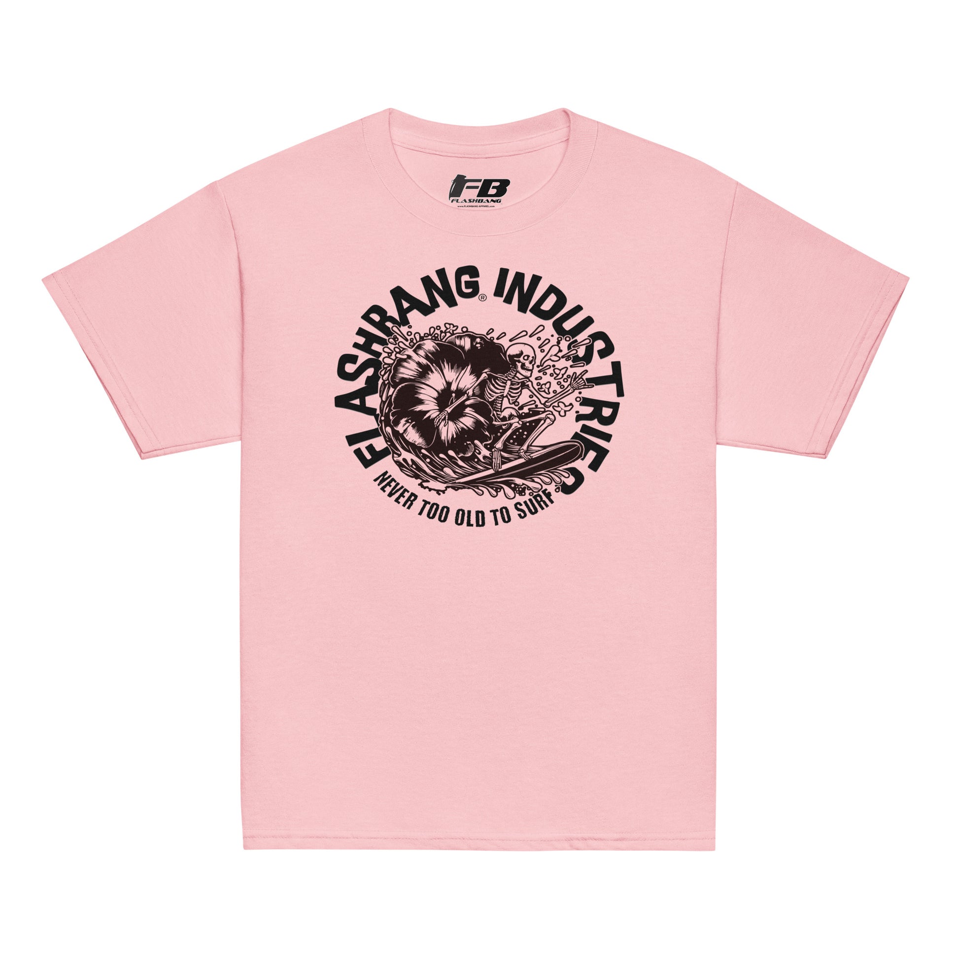 Pink t-shirt with black graphic and text on a white background