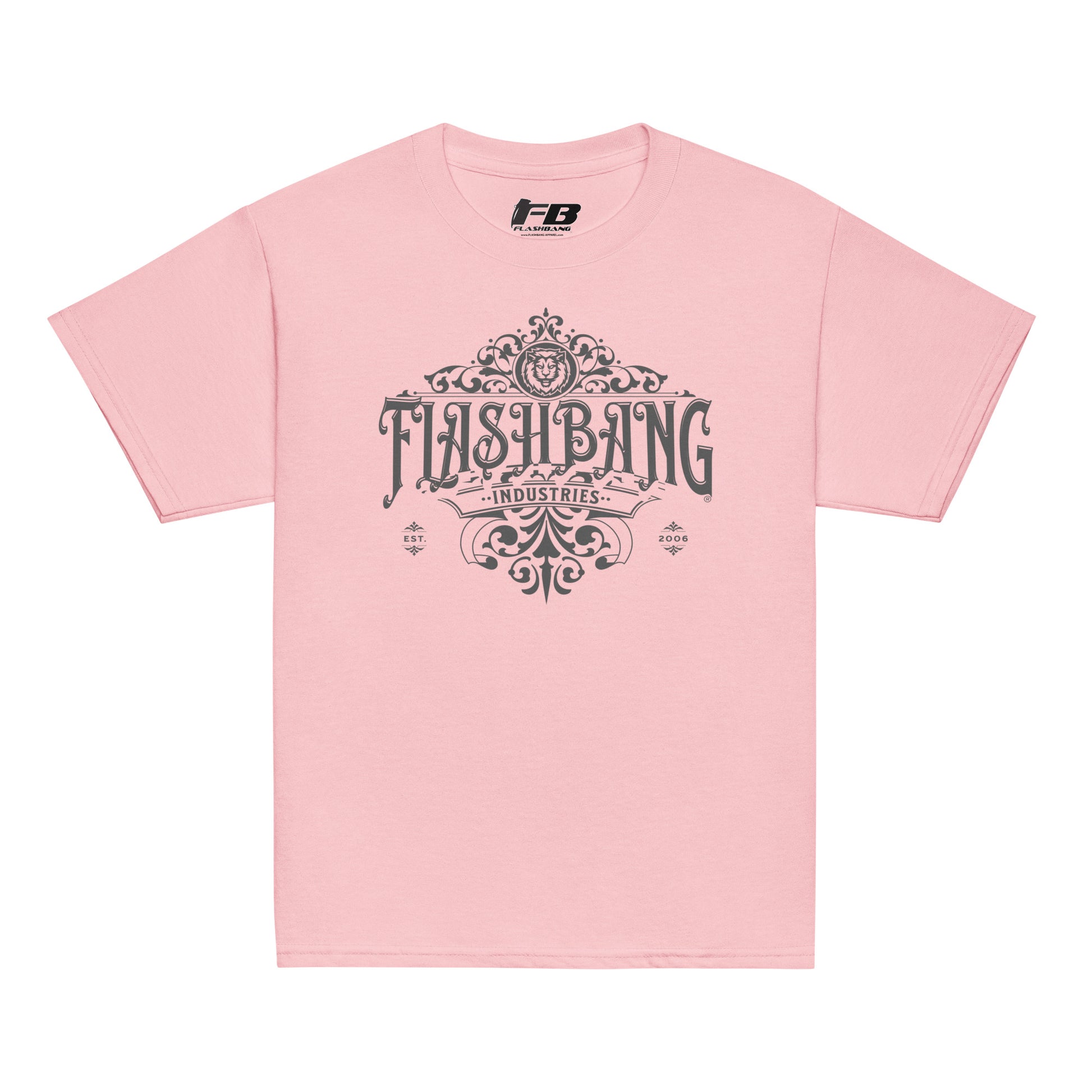 Pink t-shirt with 'Flashbang Industries' graphic design on a white background