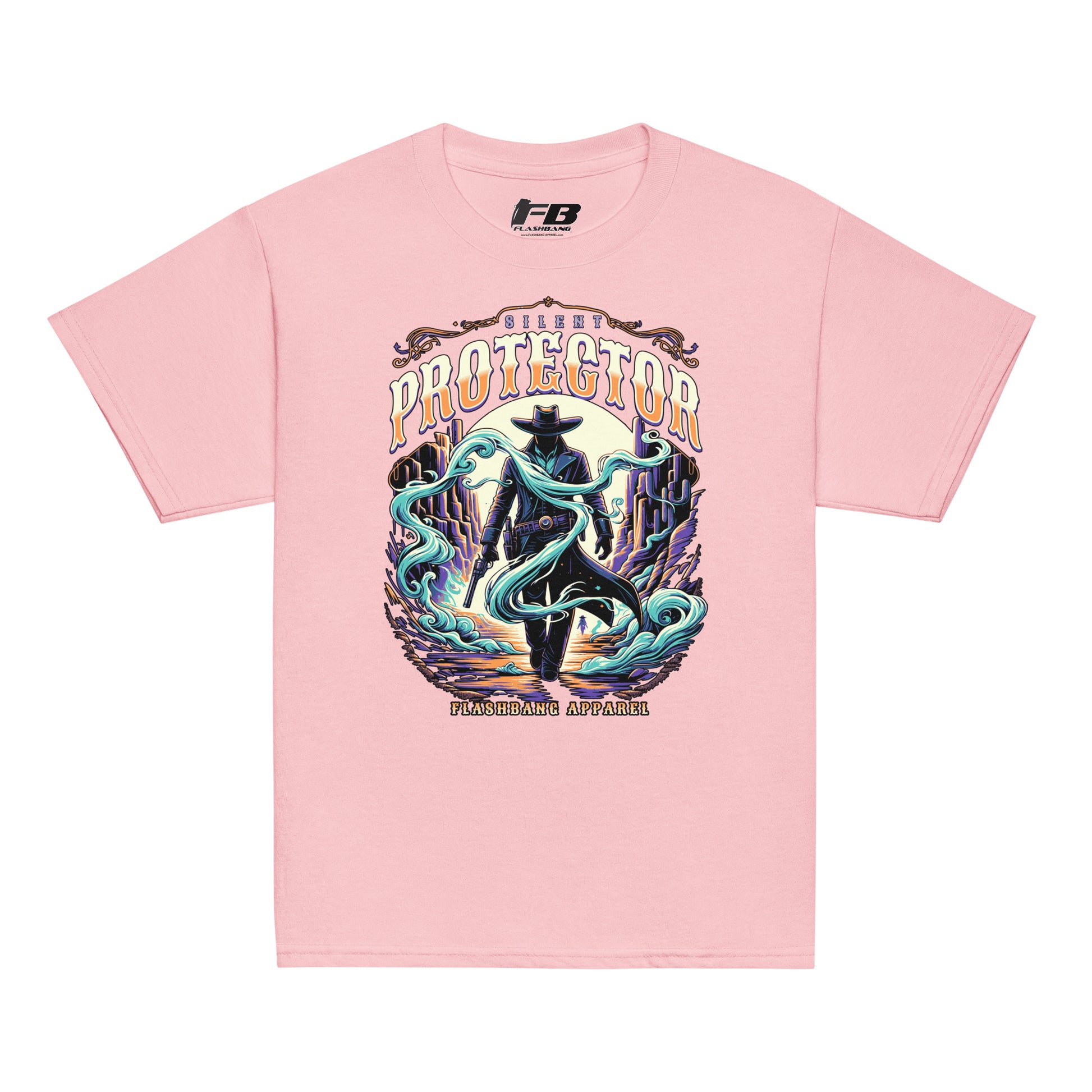 Pink t-shirt with a graphic design of a cowboy and text on a white background