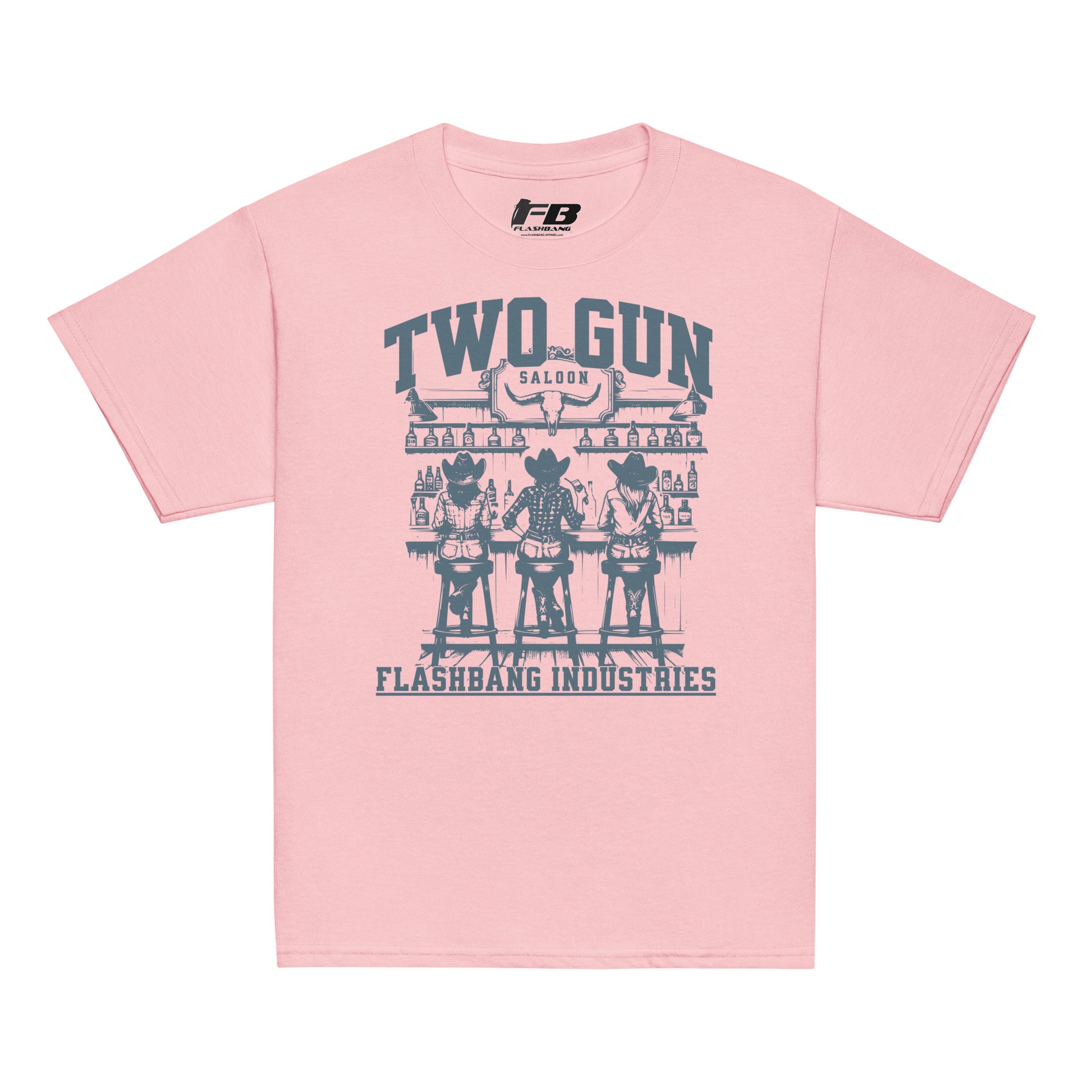 Pink t-shirt with graphic design and text on a white background