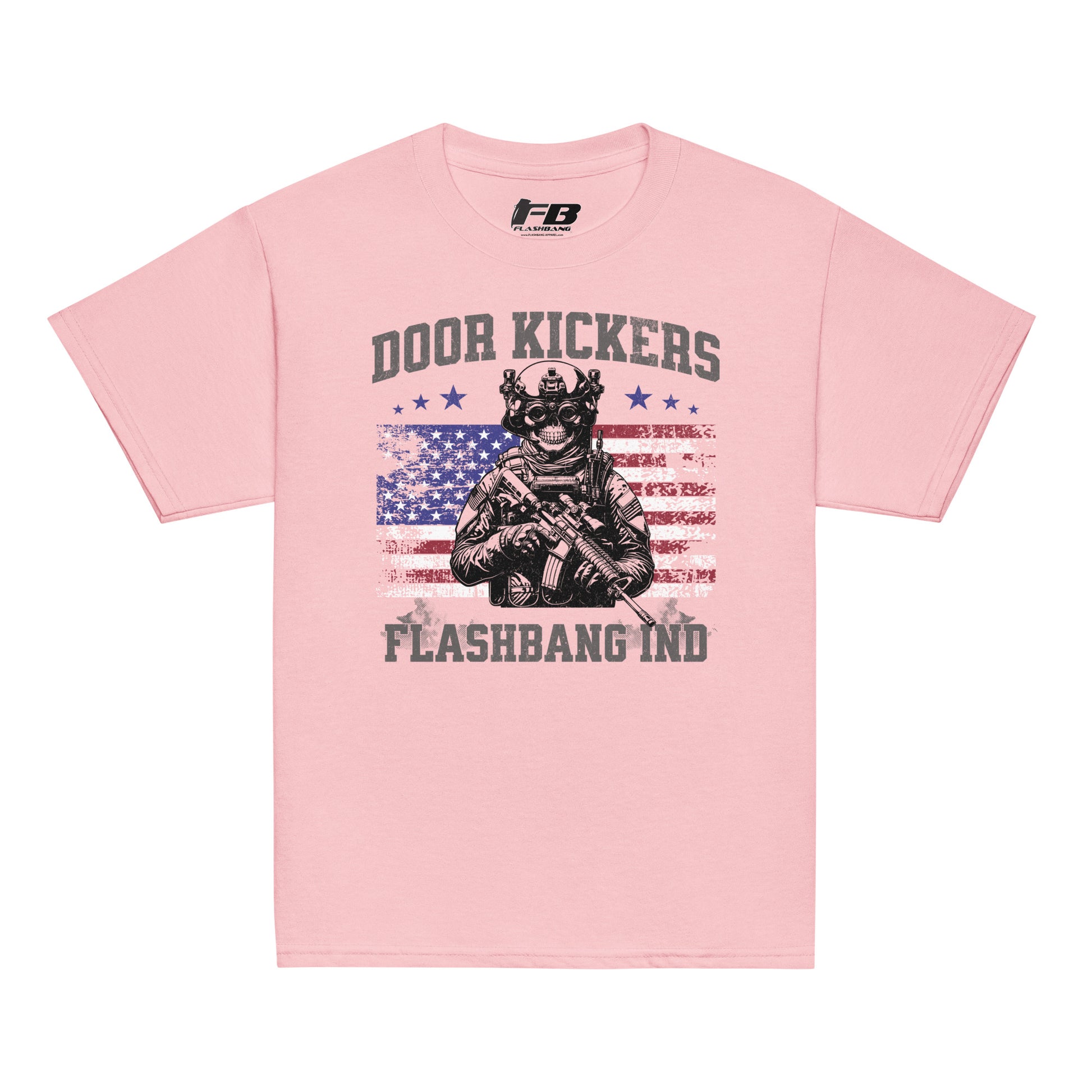 Pink t-shirt with graphic design and text on a white background