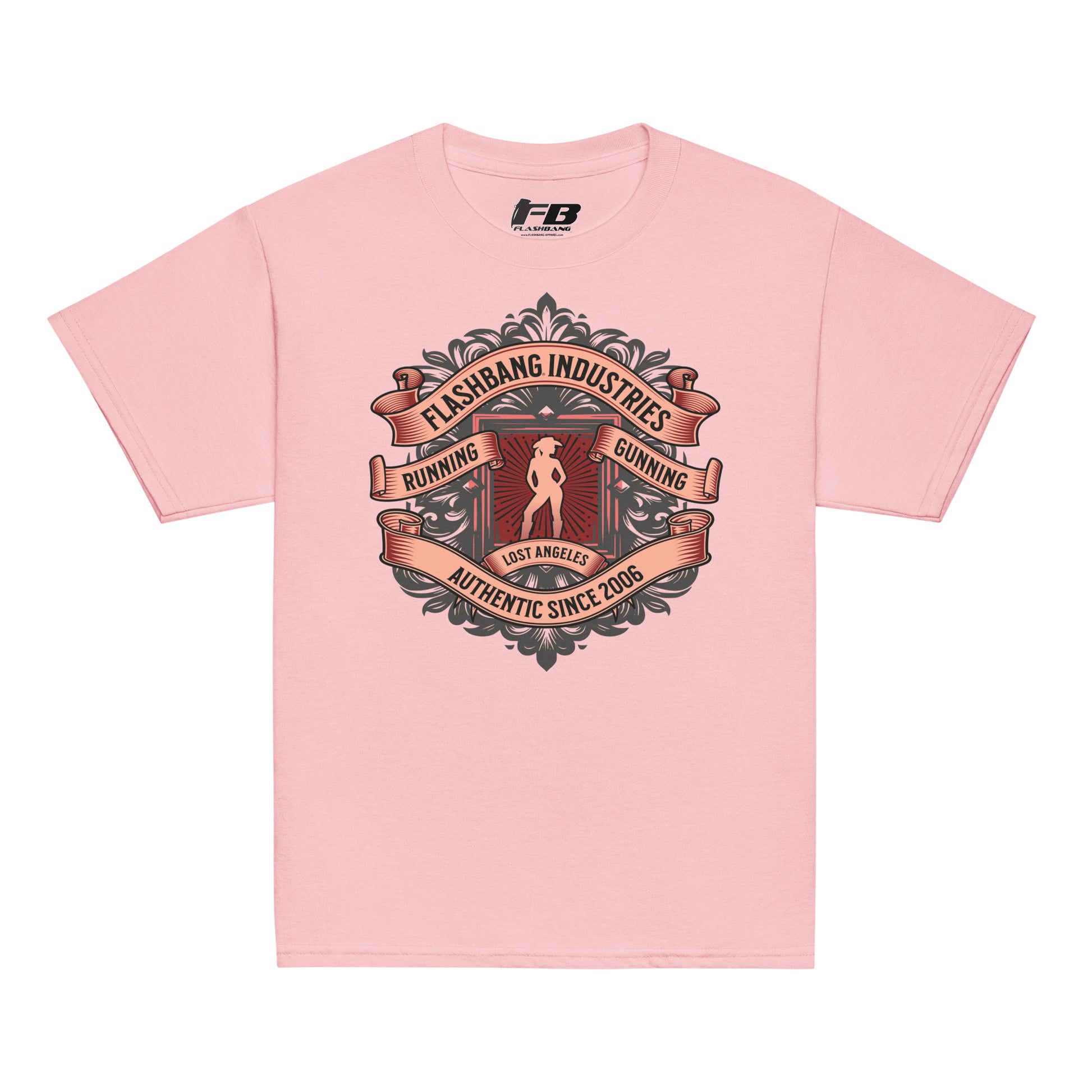 Pink t-shirt with graphic design and 'Flashbang Industries' branding on a white background