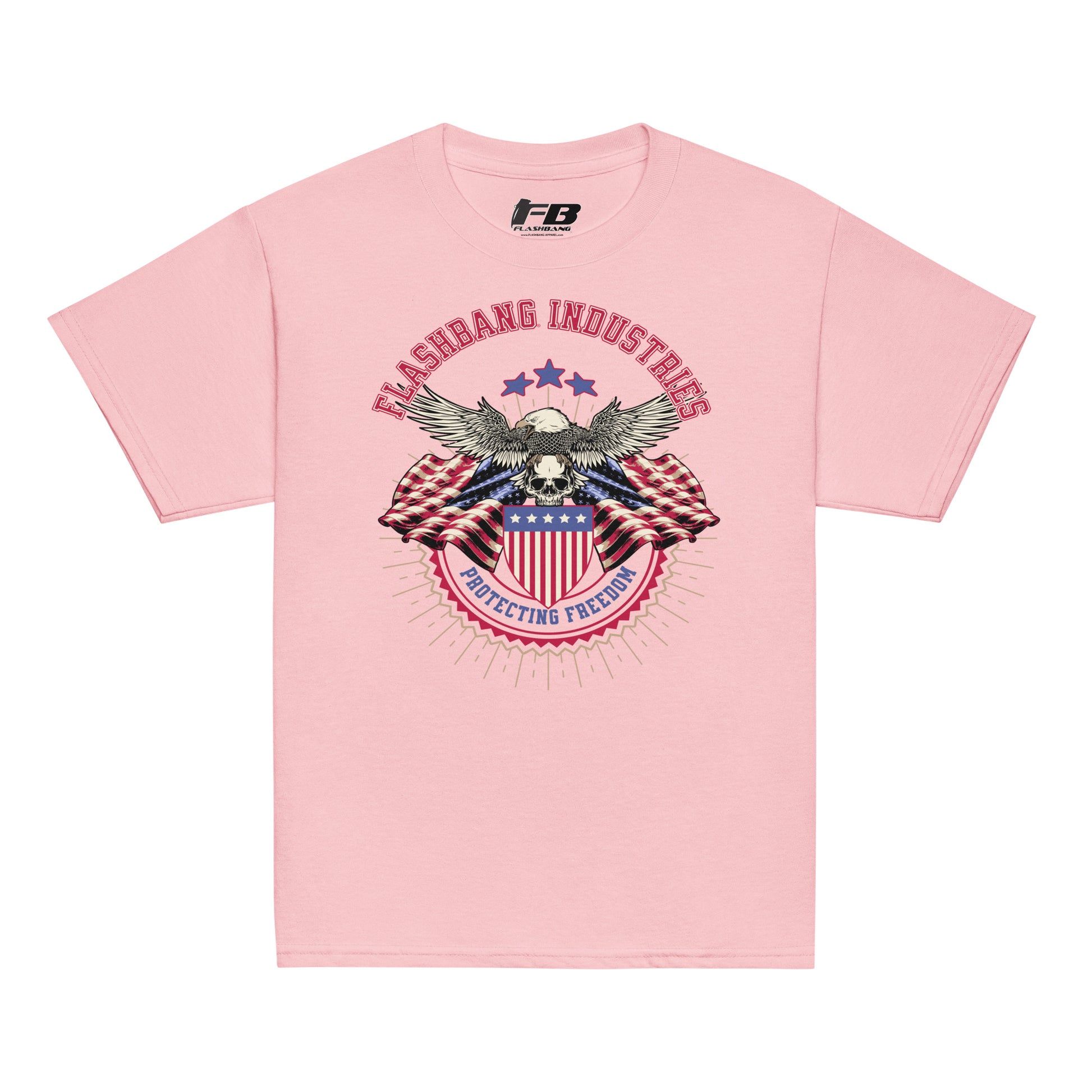 Pink t-shirt with 'Flashbang Industries' graphic design featuring an eagle and American flag on a white background.