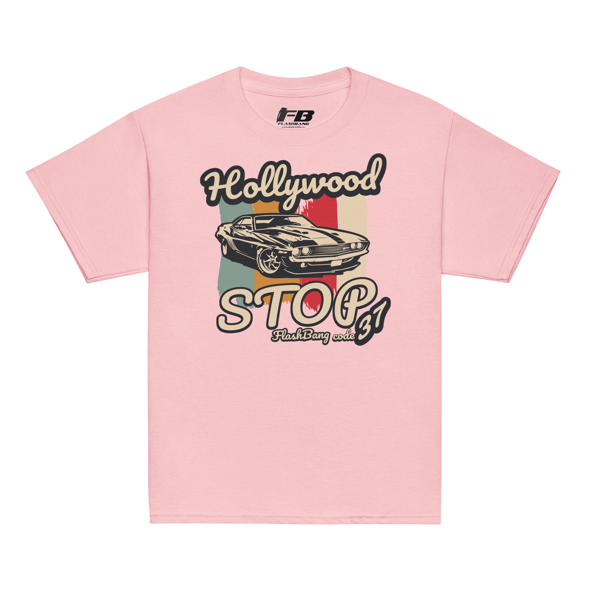 Pink t-shirt with a graphic design of a car and text on a white background