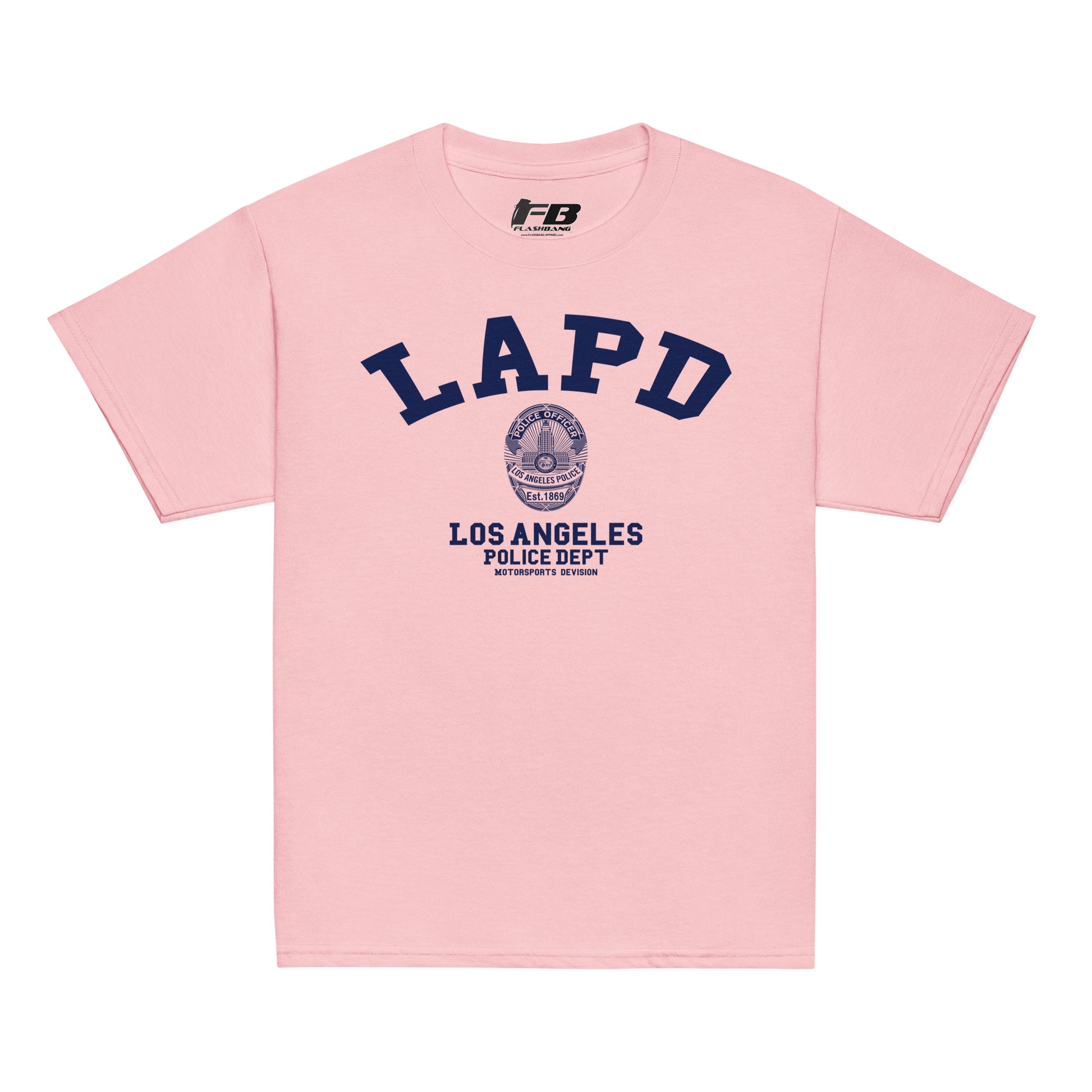 Pink t-shirt with LAPD Los Angeles Police Dept logo on a white background