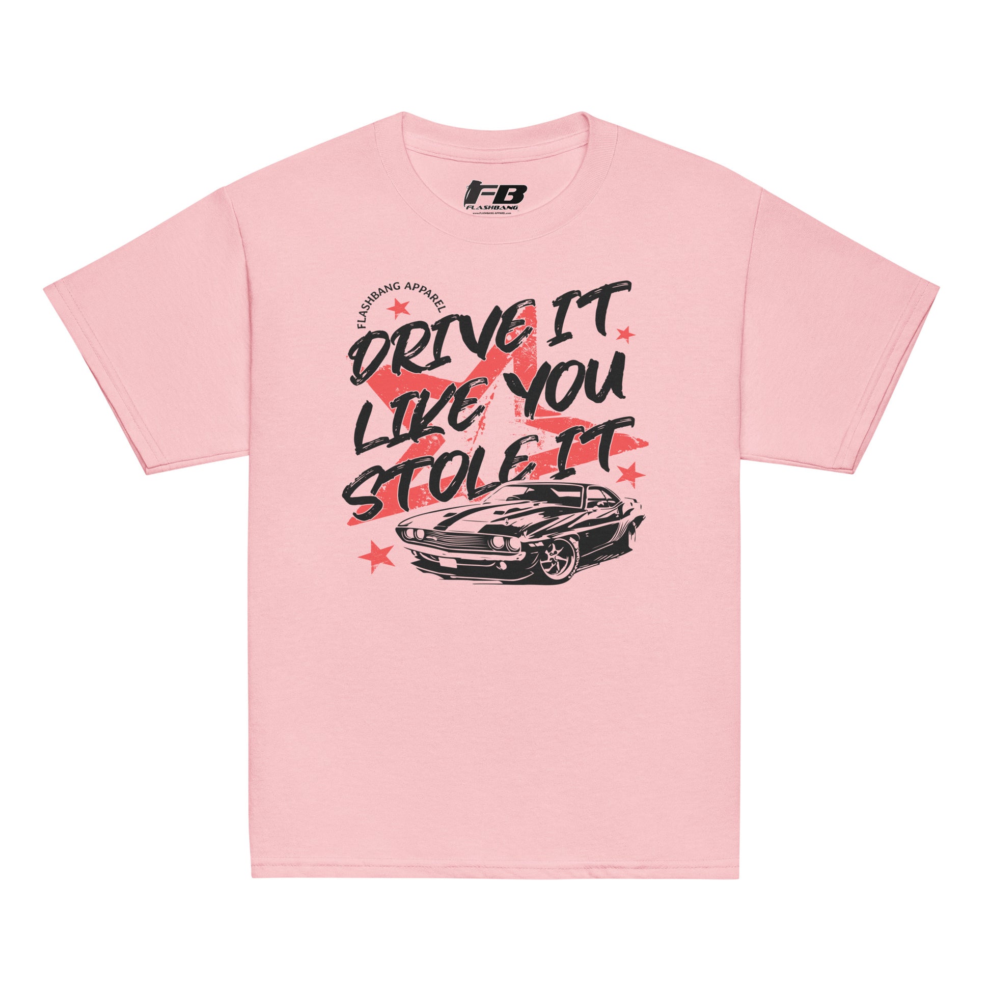 Pink t-shirt with car graphic and text 'Drive it like you stole it' on a white background