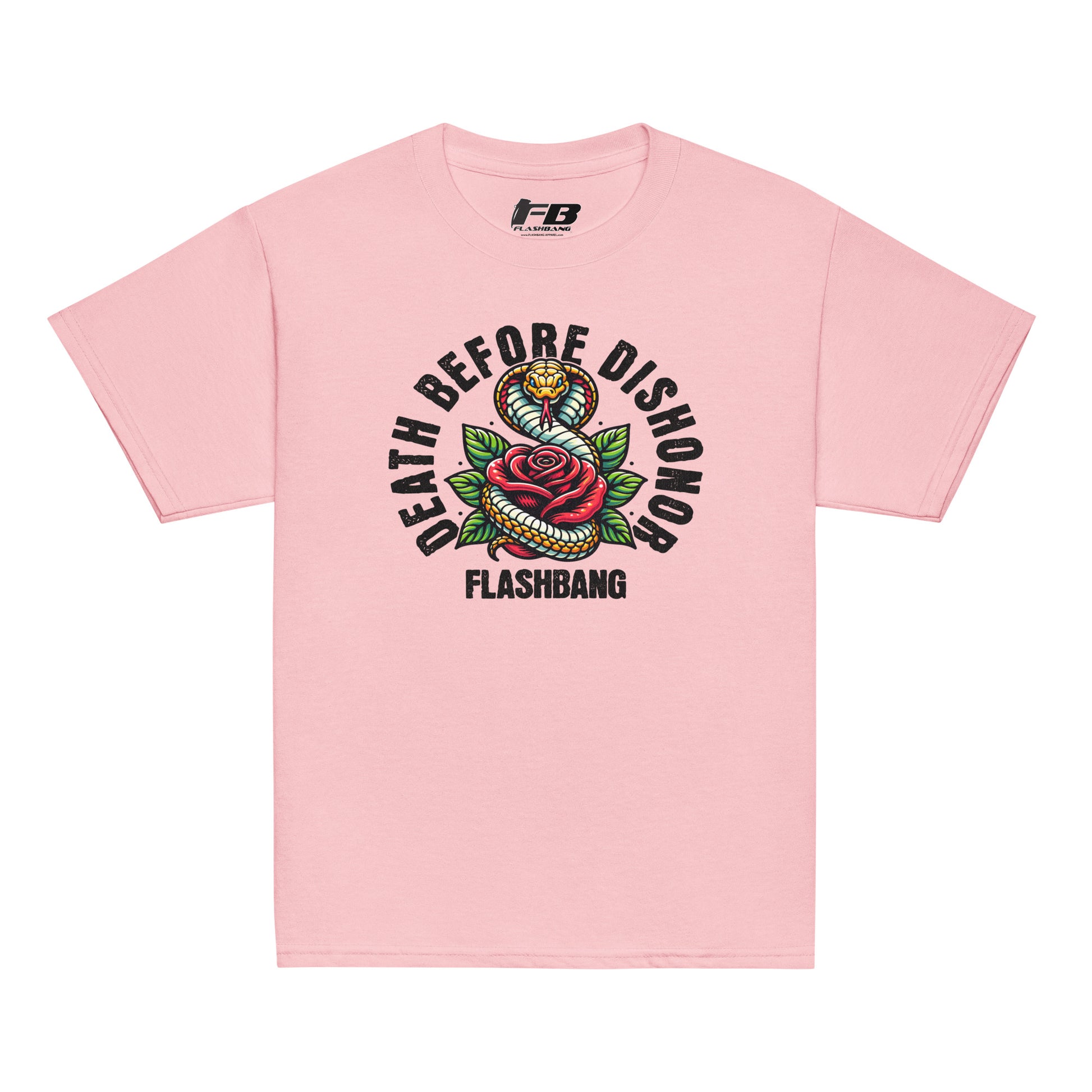 Pink t-shirt with 'Death Before Dishonor' graphic design on a white background