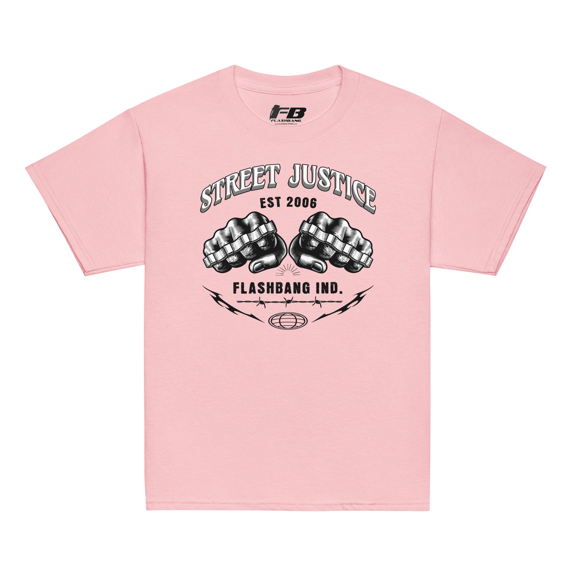 Pink t-shirt with 'Street Justice' and 'Flashbang Ind.' design on a white background