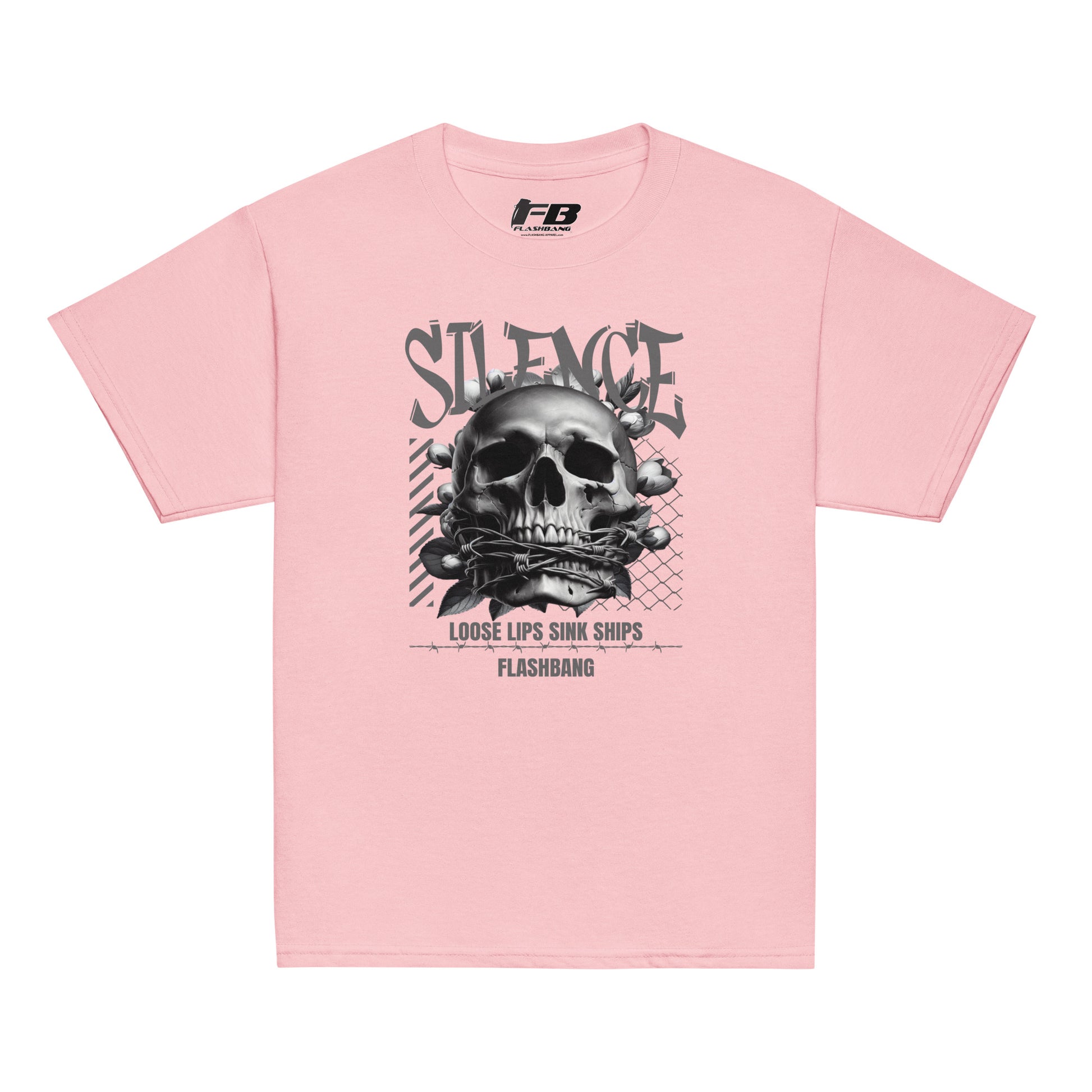 Pink t-shirt with skull graphic and text on a white background