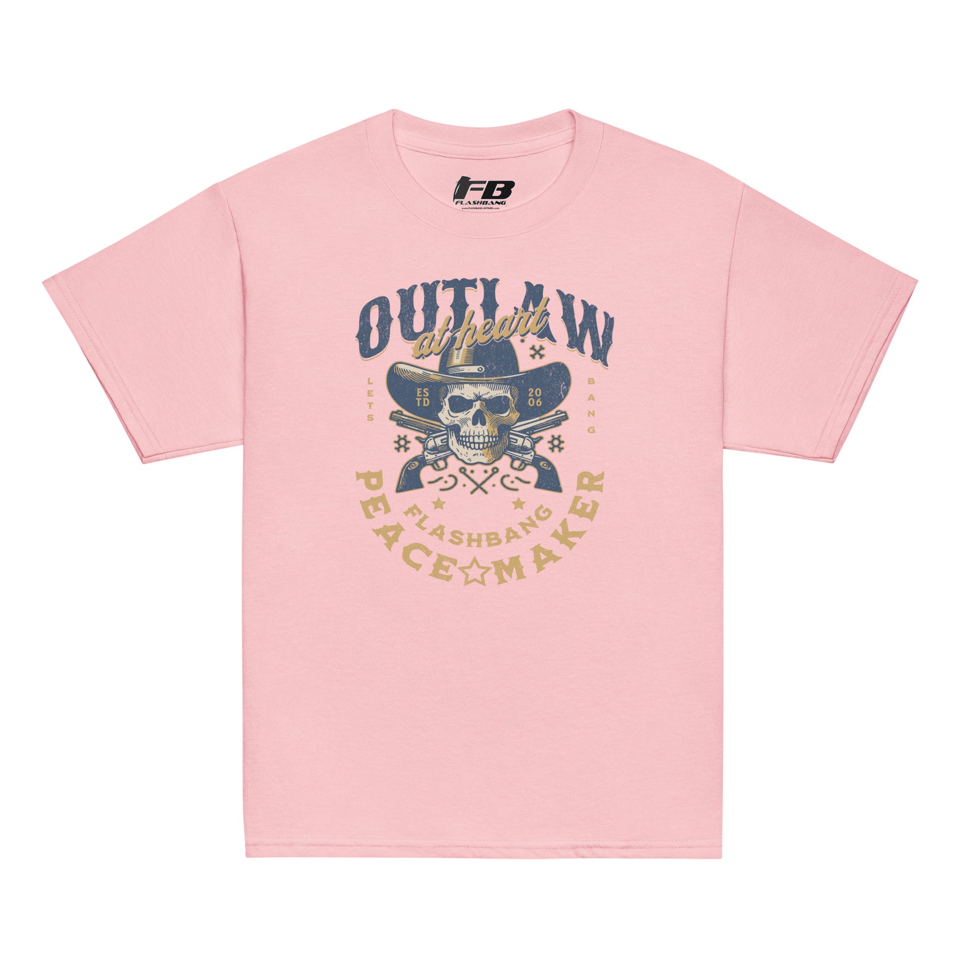 Pink t-shirt with a graphic design featuring a skull and text on a white background