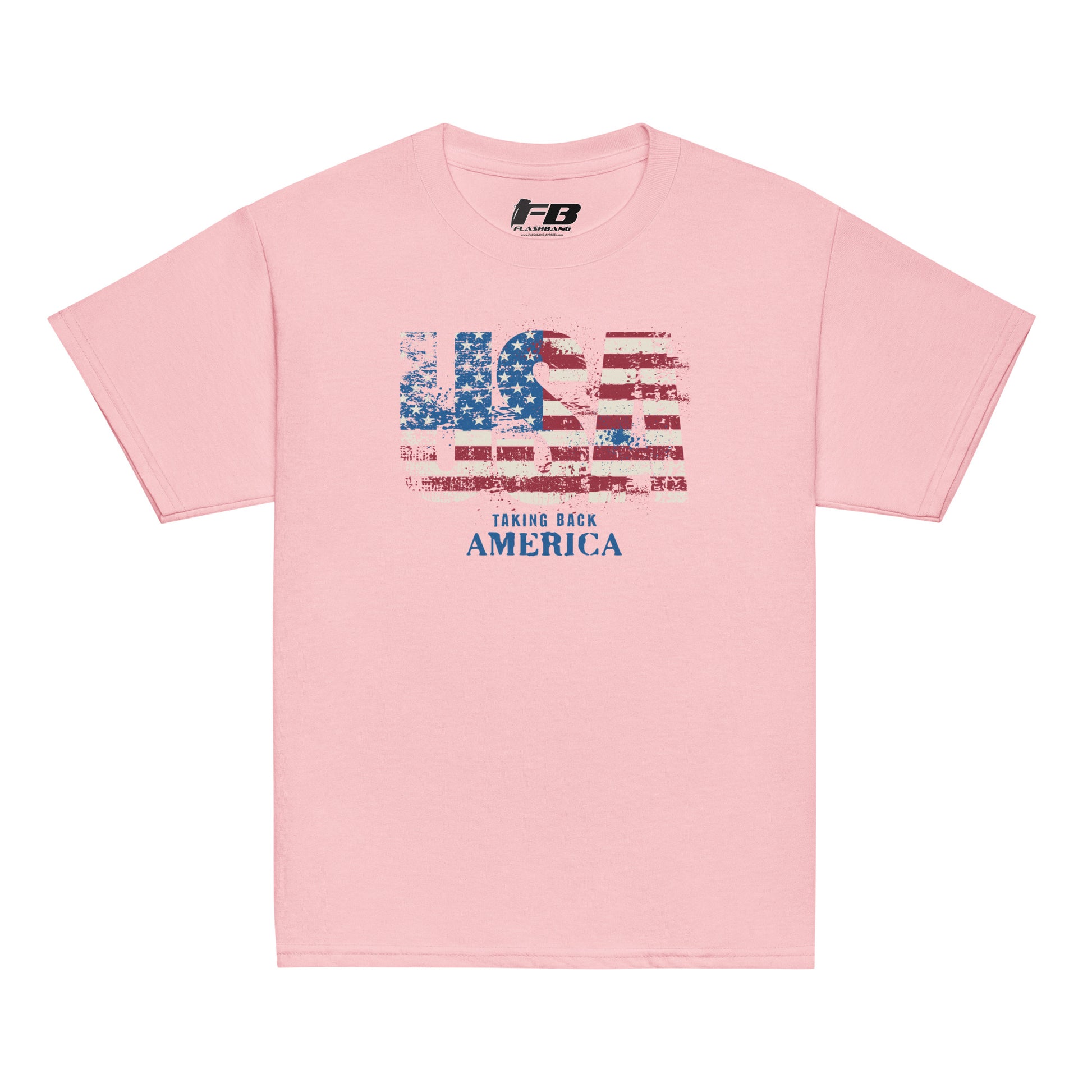 Pink t-shirt with American flag graphic and text on a white background