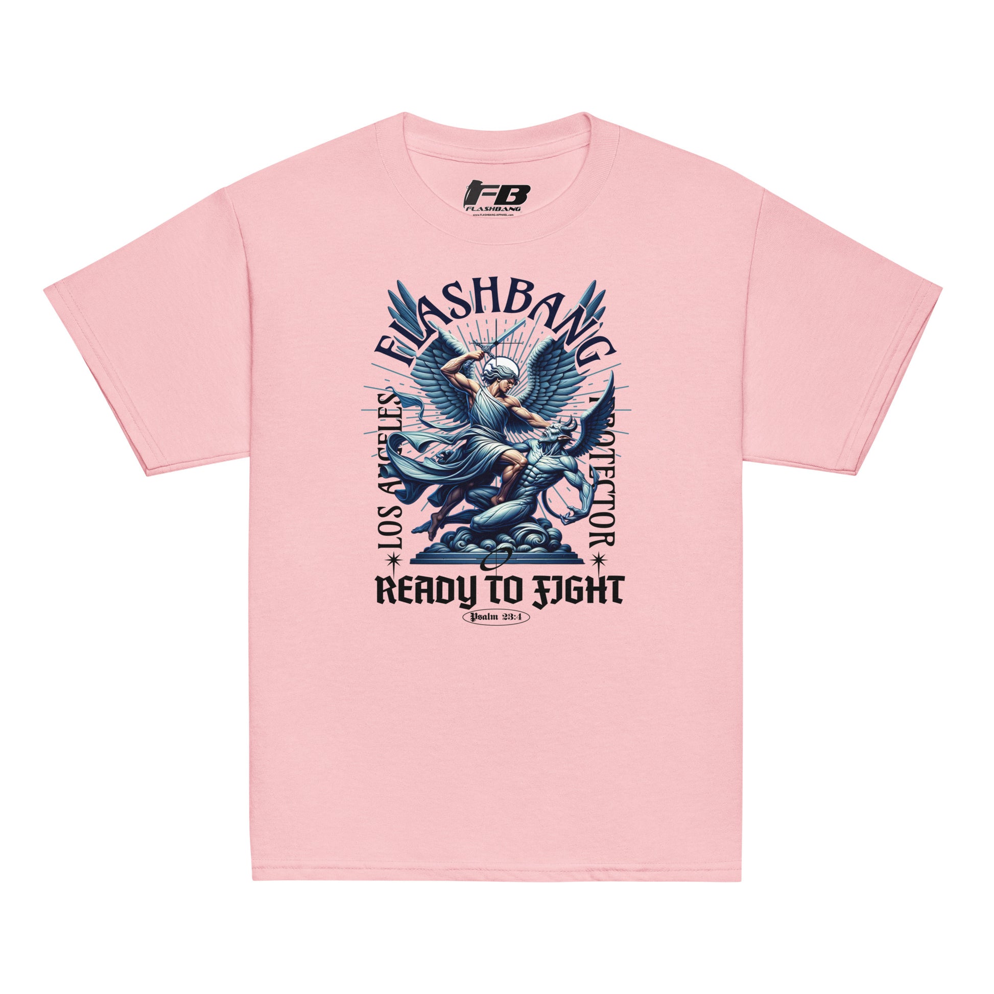 Pink t-shirt with graphic design and 'FB' logo on a white background